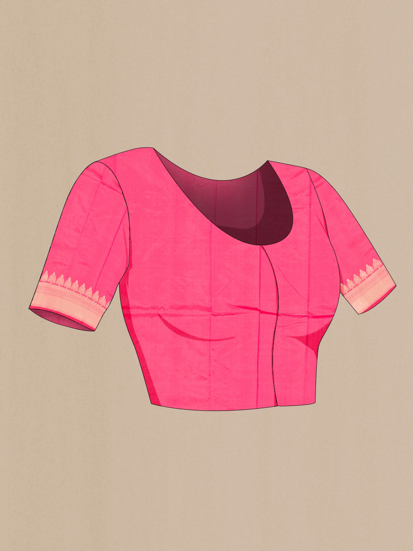 Close up image of the blouse of Coral Banarasi Katan Silk Saree with Zari Butta on the body and Zari Border