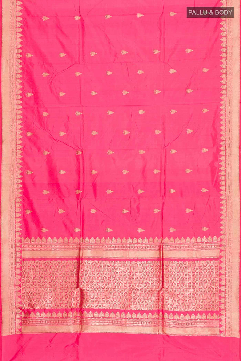 Flat view of Coral Banarasi Katan Silk Saree with Zari Butta on the body and Zari Border