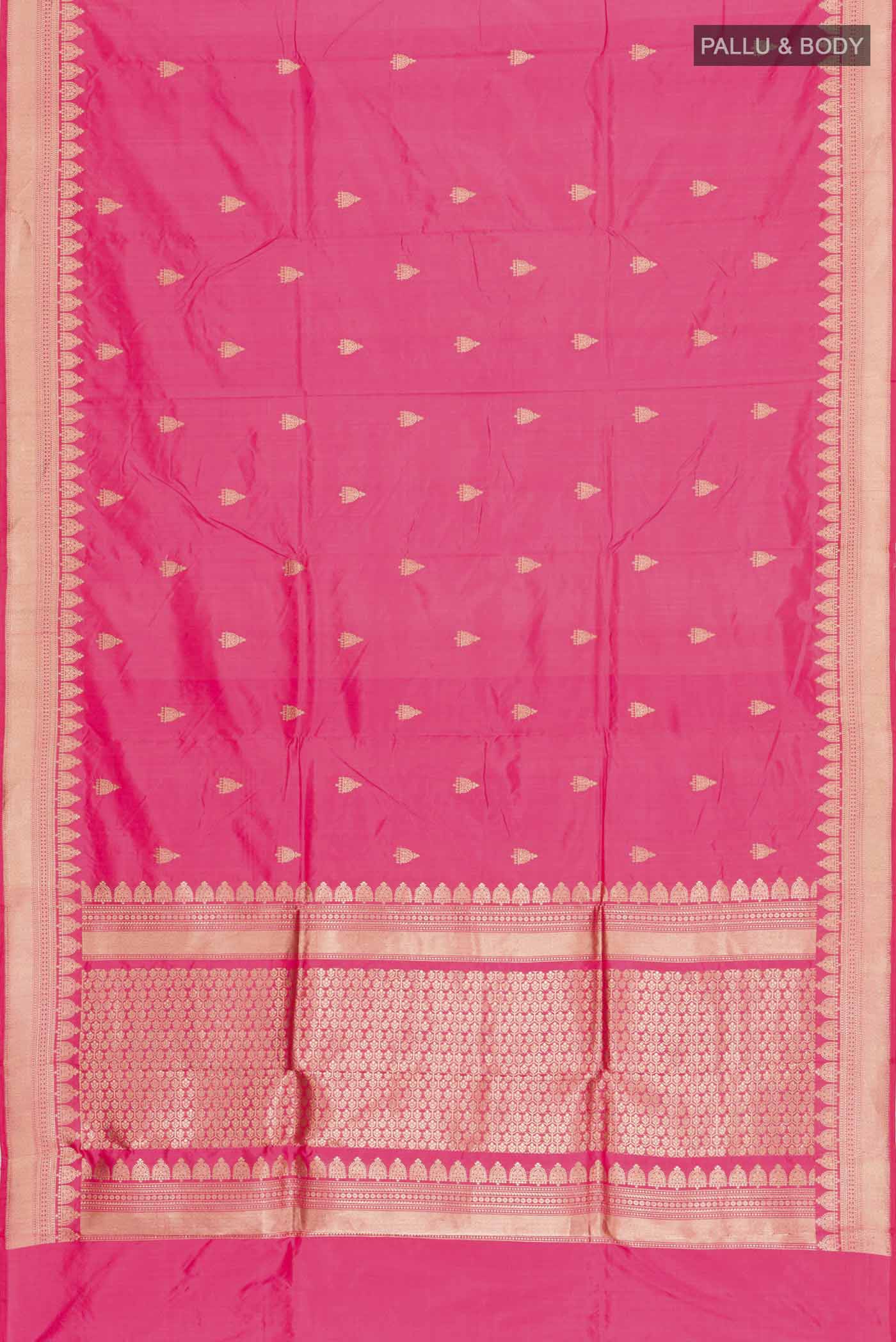 Flat view of Coral Banarasi Katan Silk Saree with Zari Butta on the body and Zari Border