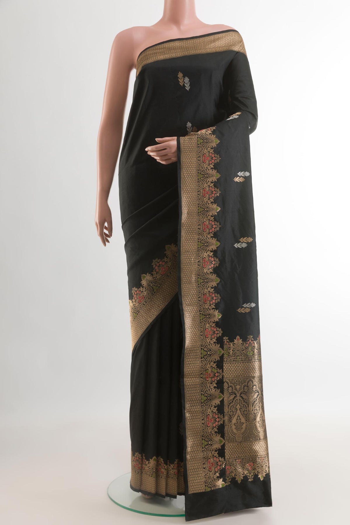 Black Banarasi Katan Silk Saree with Zari Butta on the body and Zari Border.  displayed on a mannequin