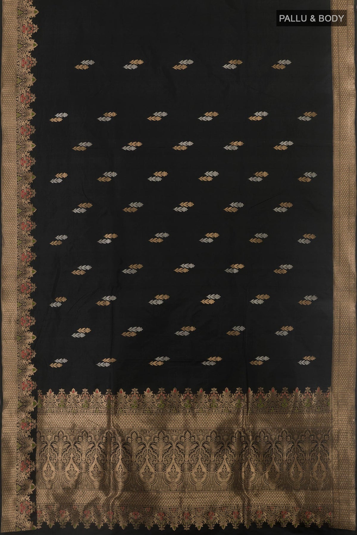 Flat view of Black Banarasi Katan Silk Saree with Zari Butta on the body and Zari Border. 