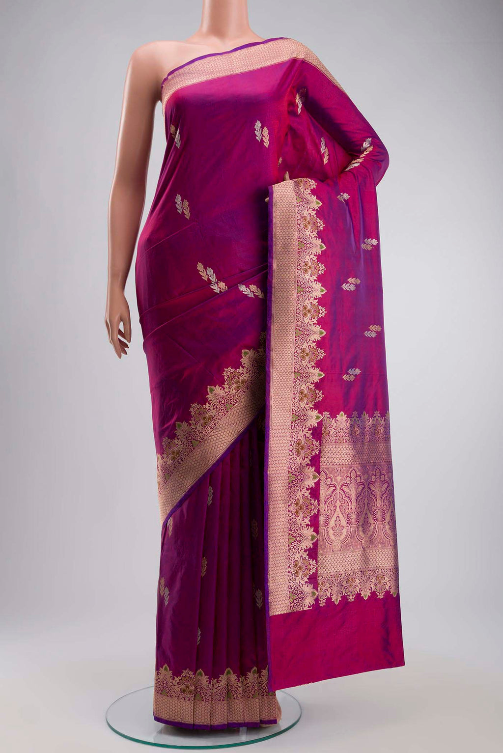 Purple Banarasi Katan Silk Saree with Zari Butta on the body and Zari Border displayed on a mannequin