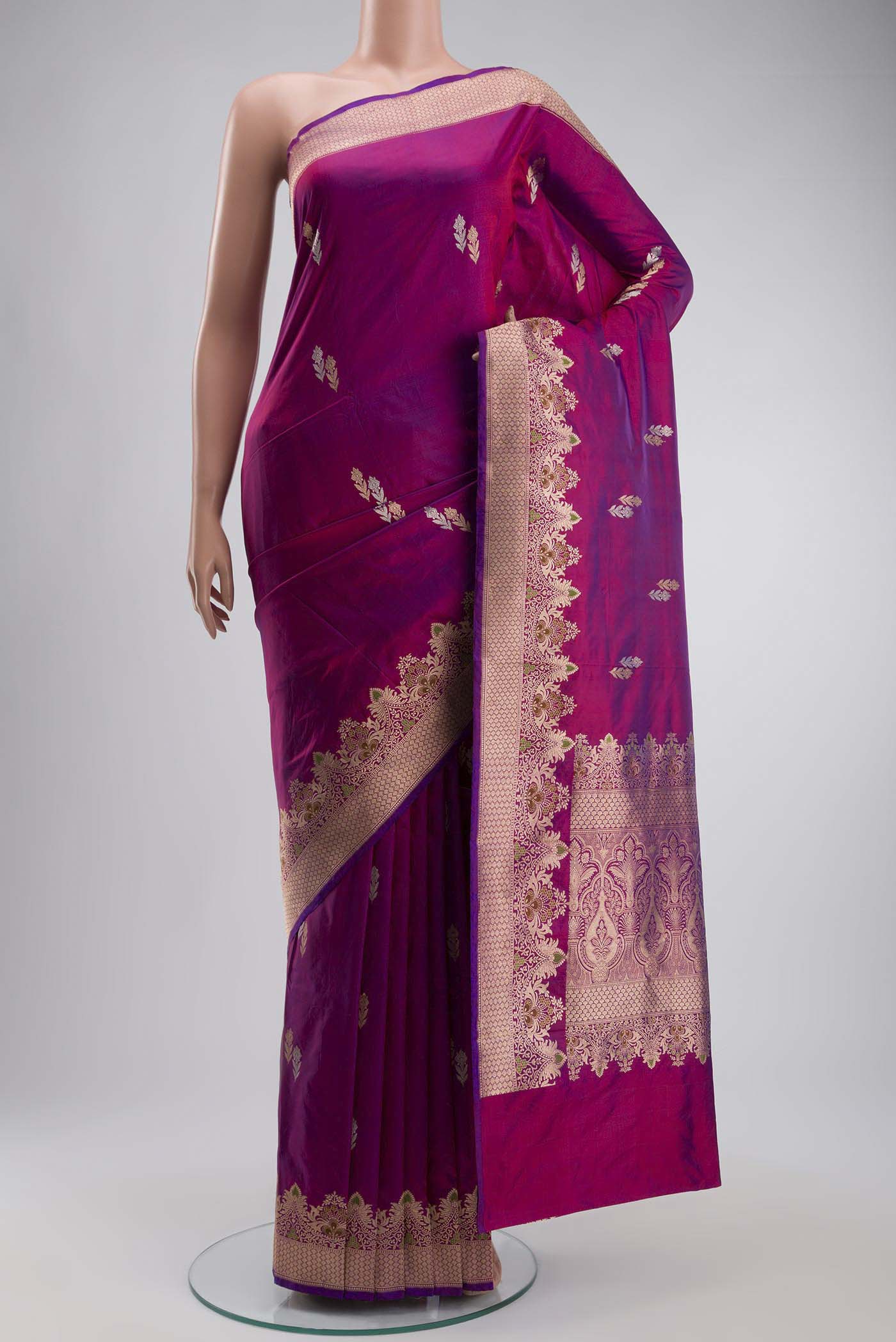 Purple Banarasi Katan Silk Saree with Zari Butta on the body and Zari Border displayed on a mannequin