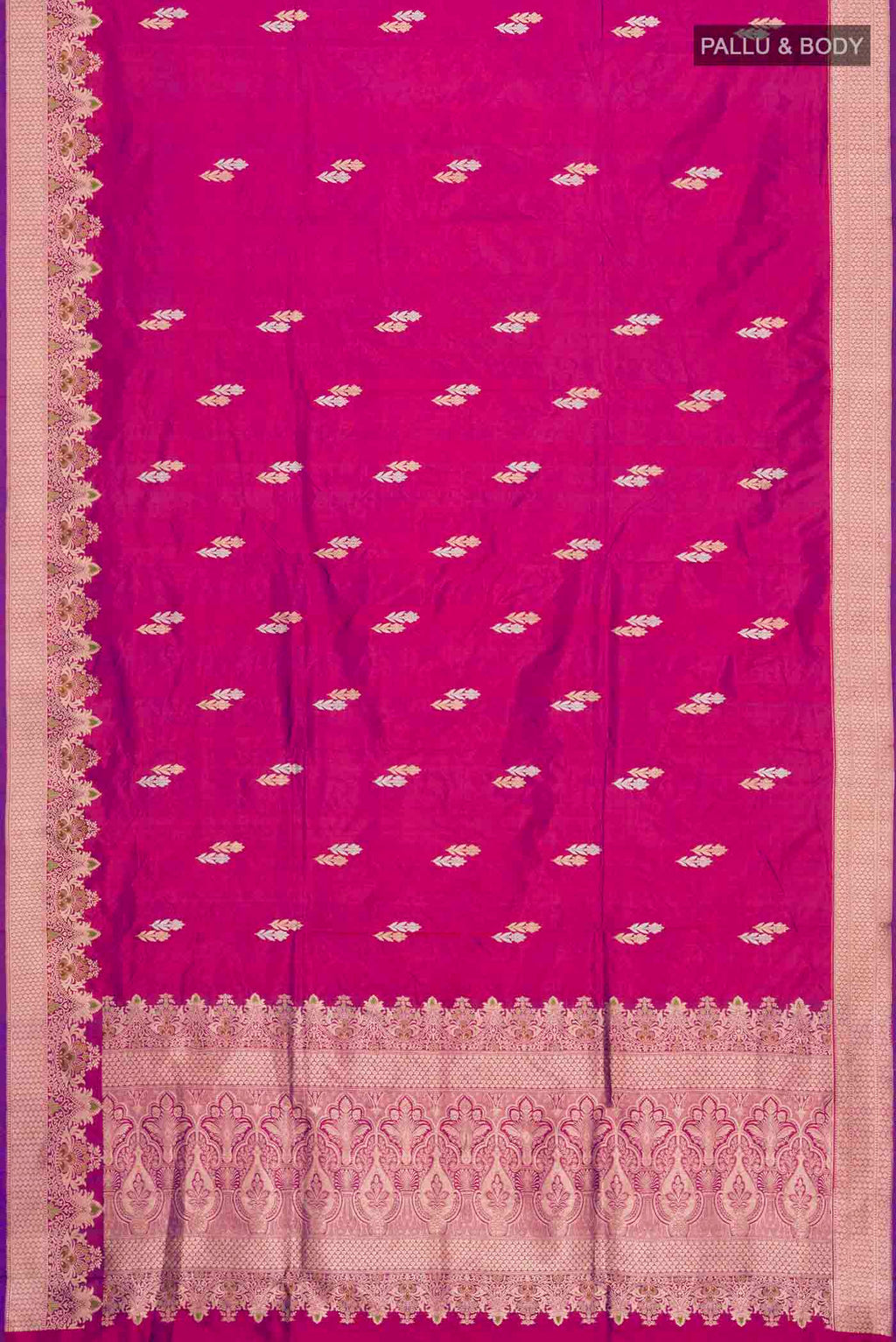 Flat view of Purple Banarasi Katan Silk Saree with Zari Butta on the body and Zari Border