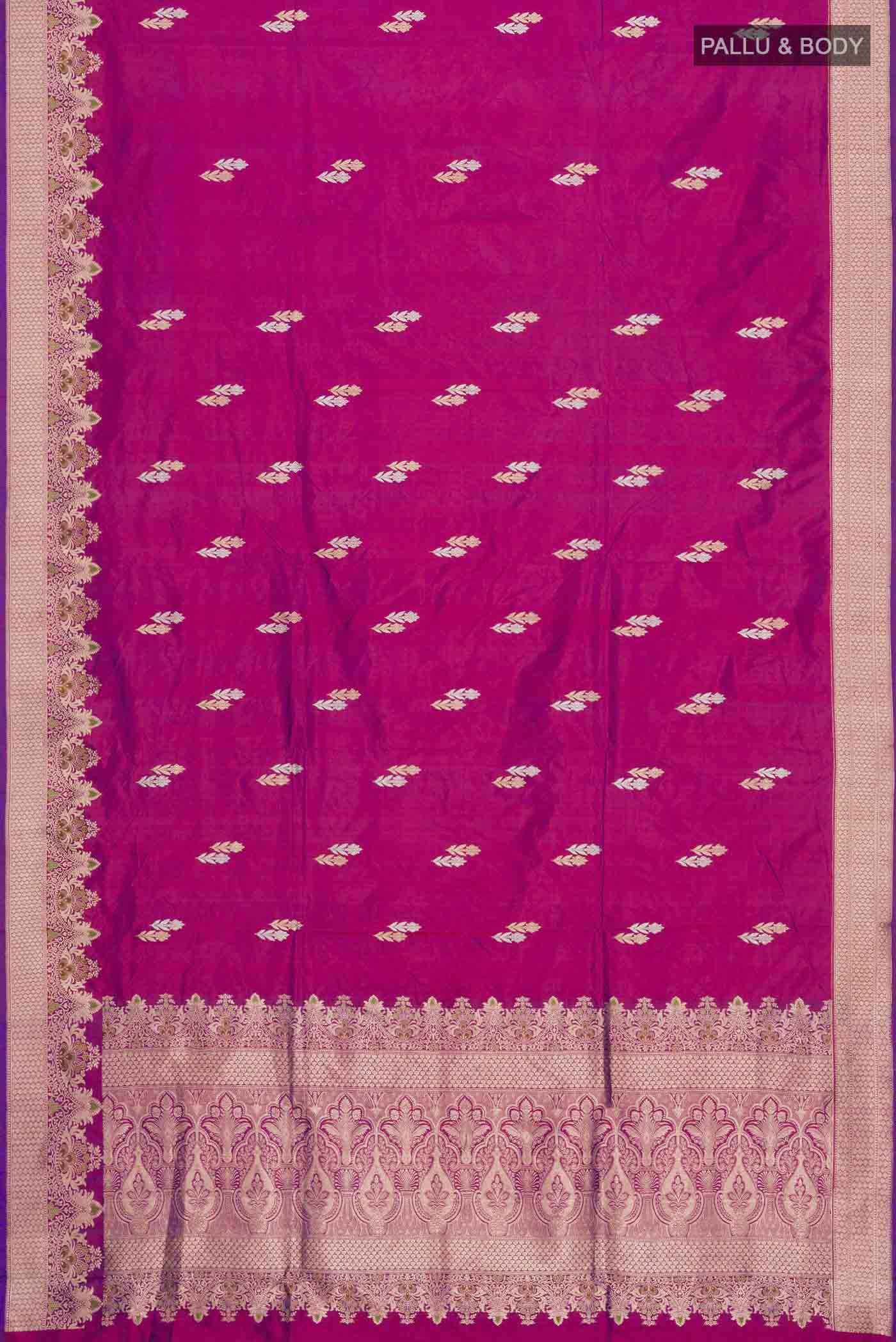Flat view of Purple Banarasi Katan Silk Saree with Zari Butta on the body and Zari Border