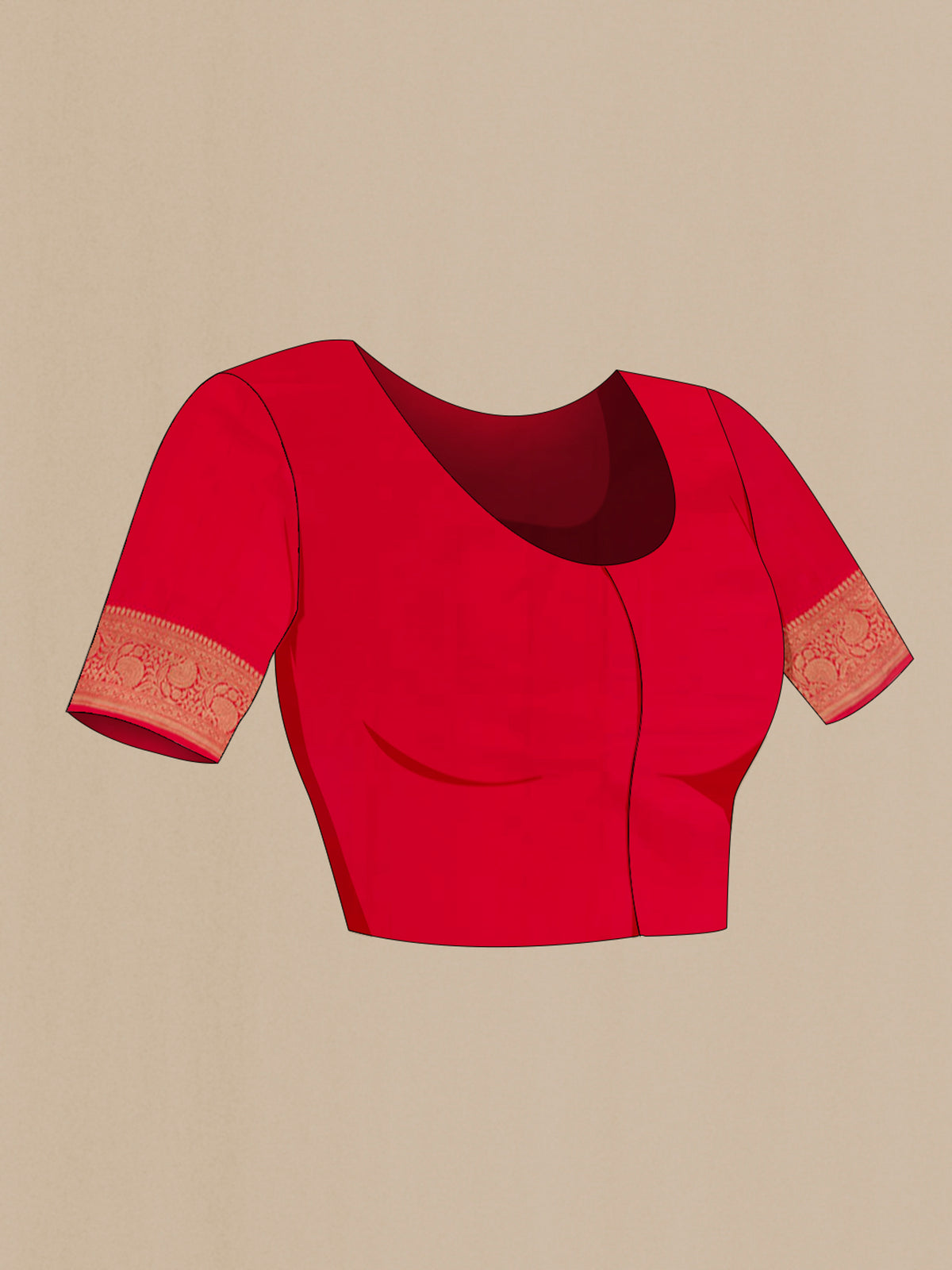 Close up image of the blouse of Red Banarasi Katan Silk Saree with Zari Butta on the body and Zari Border. 
