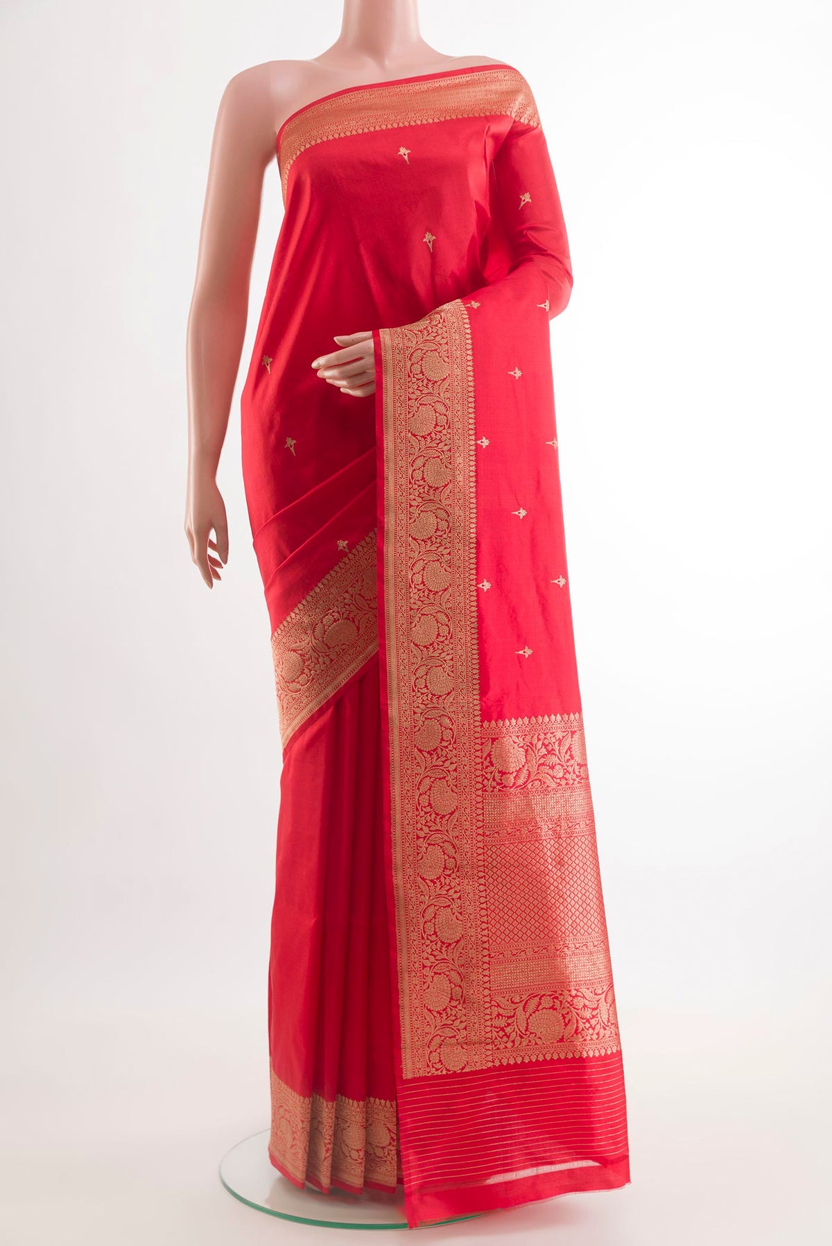 Red Banarasi Katan Silk Saree with Zari Butta on the body and Zari Border.  displayed on a mannequin