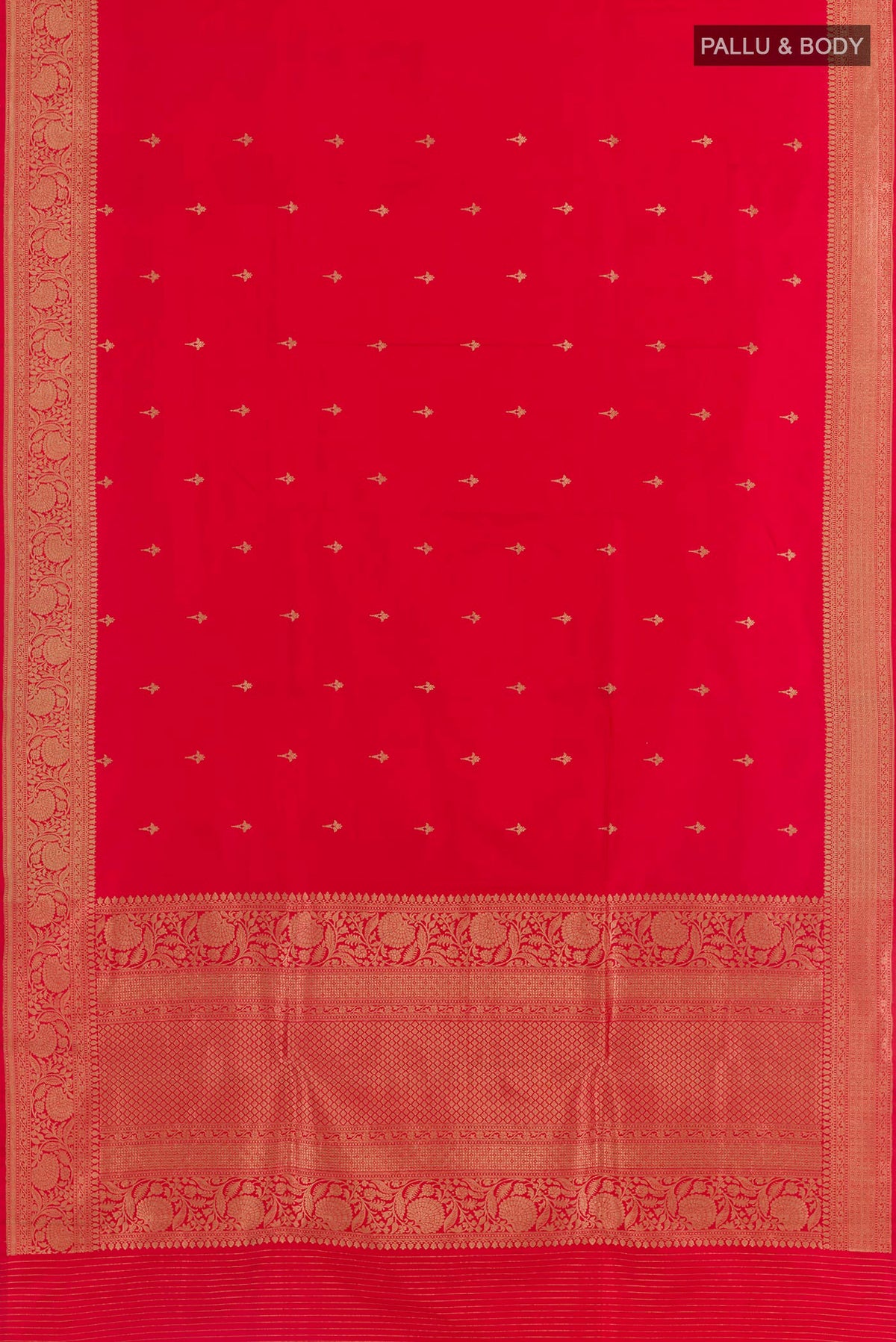 Flat view of Red Banarasi Katan Silk Saree with Zari Butta on the body and Zari Border. 