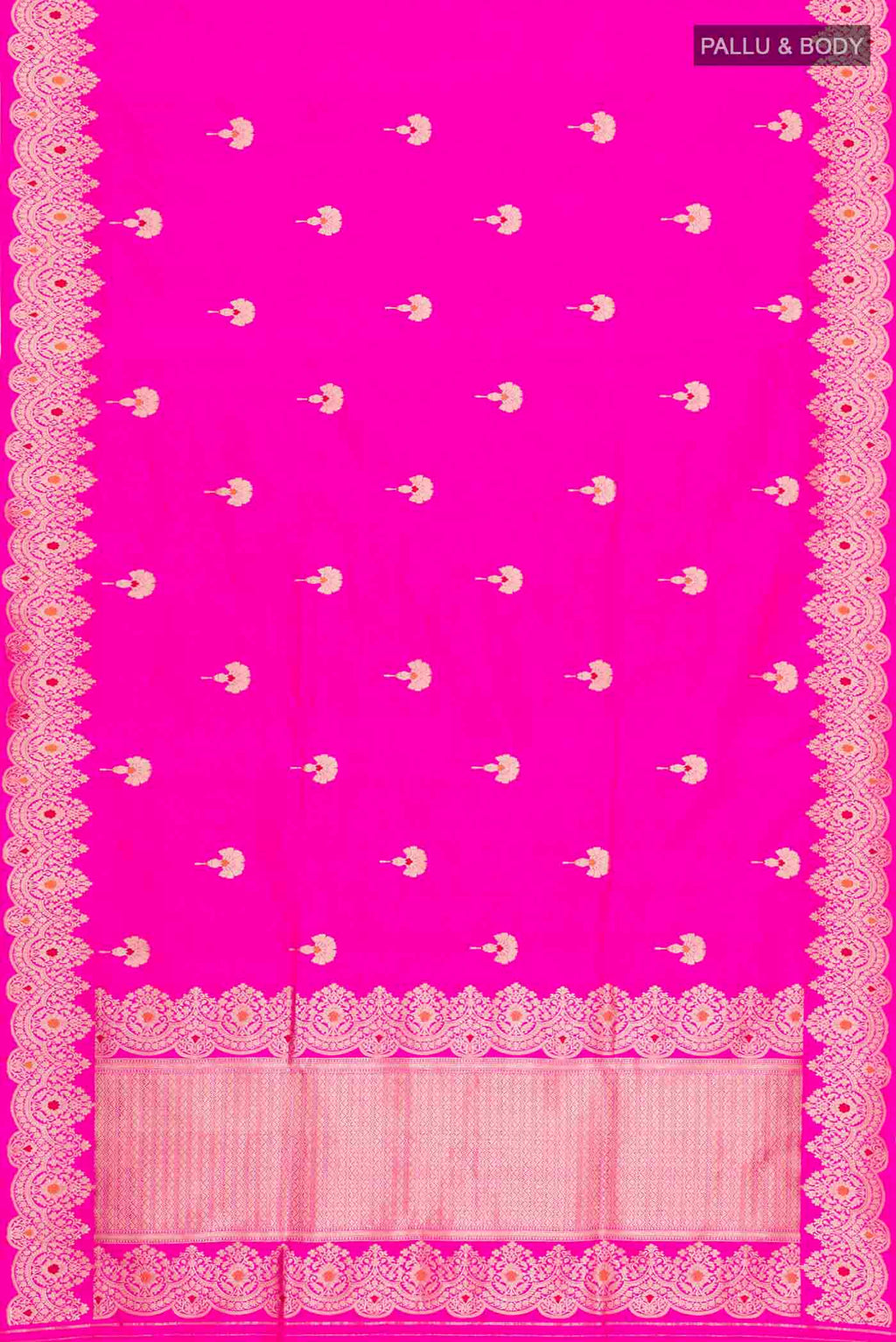 Flat view of Rani Pink Banarasi Katan Silk Saree with Zari Butta on the body and Zari Border