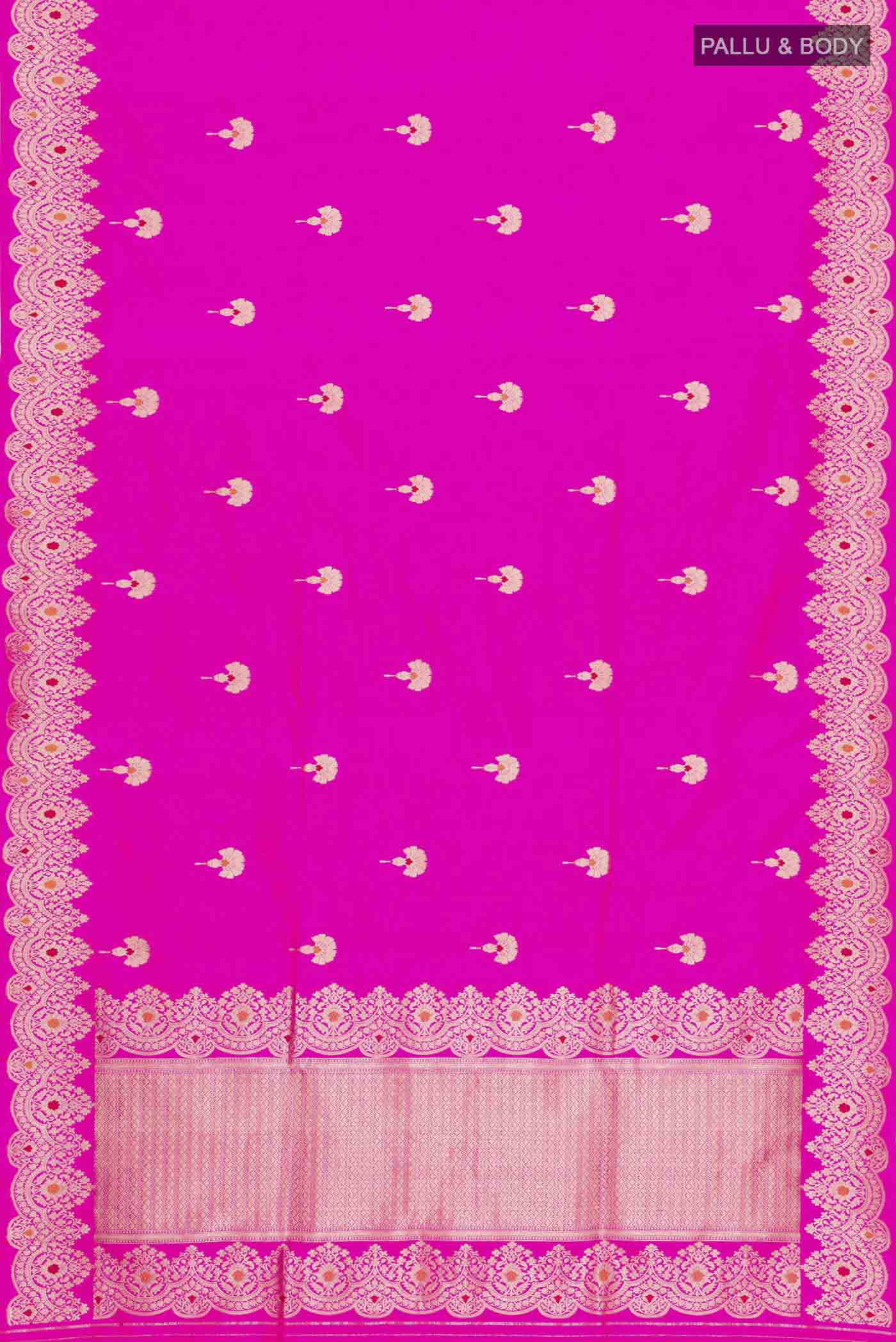 Flat view of Rani Pink Banarasi Katan Silk Saree with Zari Butta on the body and Zari Border