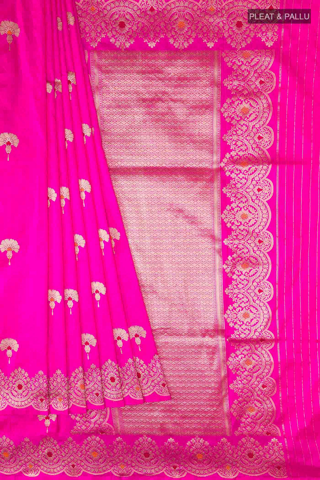 Pleats and pallu of Rani Pink Banarasi Katan Silk Saree with Zari Butta on the body and Zari Border