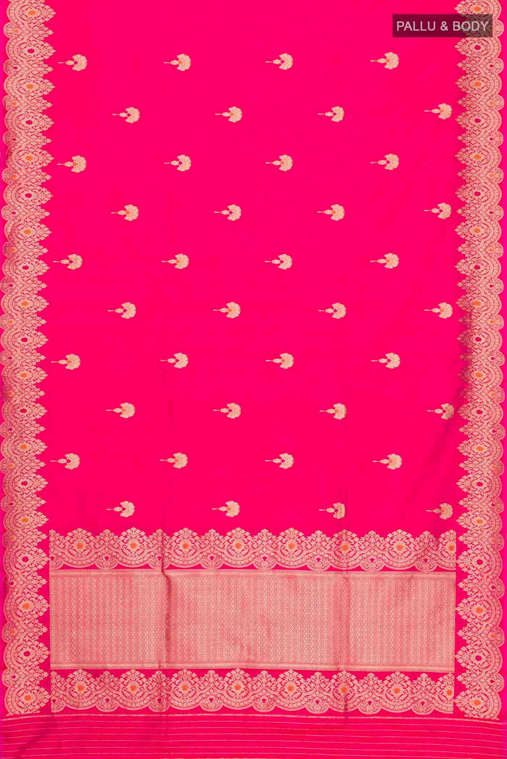 Flat view of Pink Banarasi Katan Silk Saree with Zari Butta on the body and Zari Border
