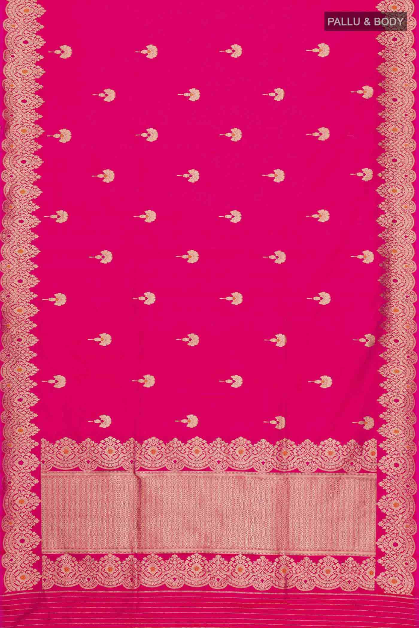 Flat view of Pink Banarasi Katan Silk Saree with Zari Butta on the body and Zari Border