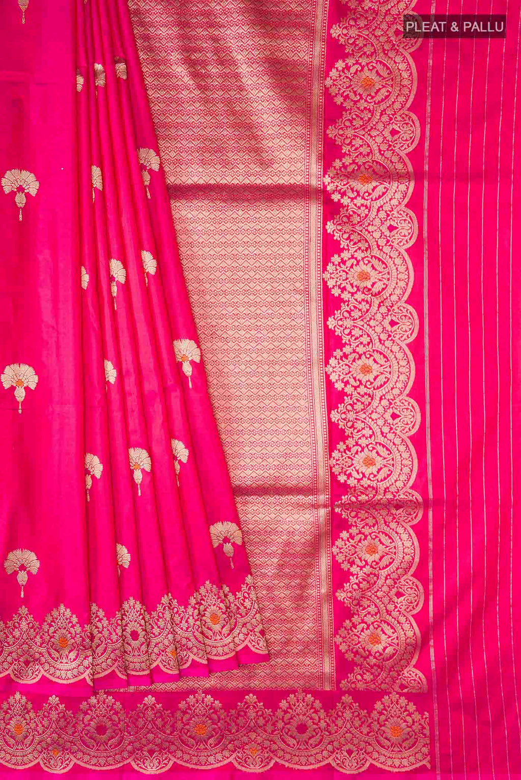 Pleats and pallu of Pink Banarasi Katan Silk Saree with Zari Butta on the body and Zari Border