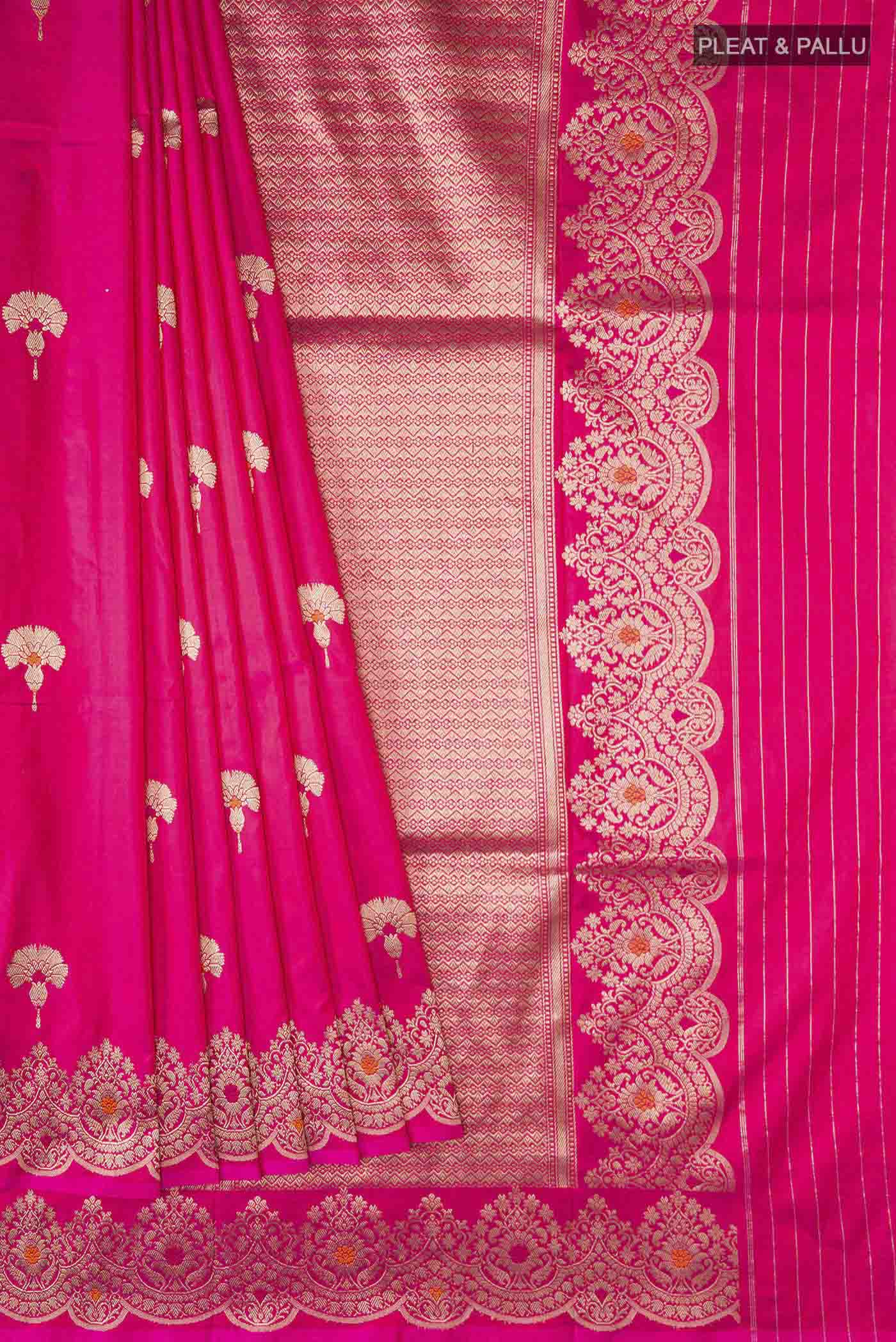 Pleats and pallu of Pink Banarasi Katan Silk Saree with Zari Butta on the body and Zari Border