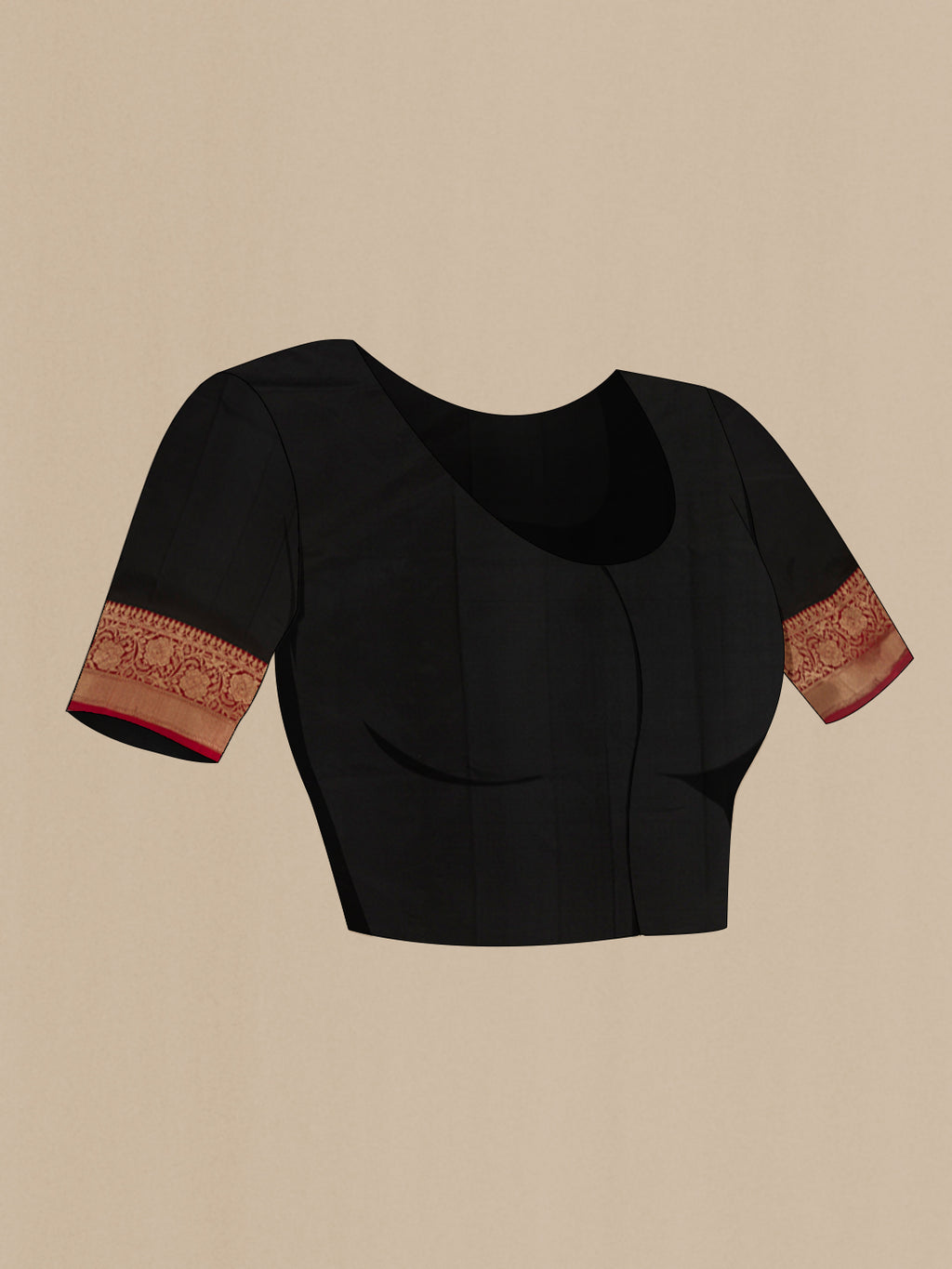 Close up image of the blouse of Black Banarasi Katan Silk Saree with Zari Butta on the body and Zari Border. 