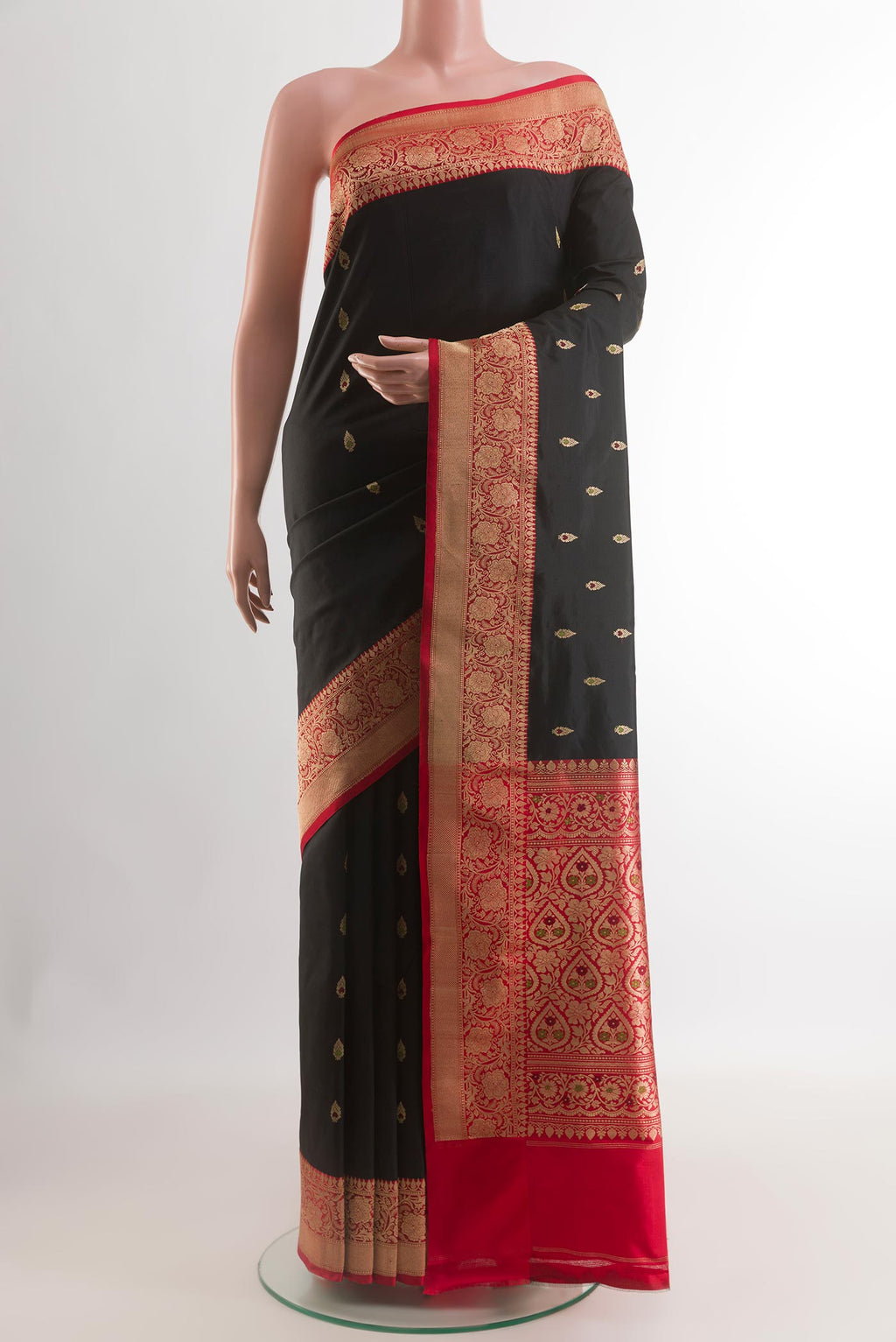 Black Banarasi Katan Silk Saree with Zari Butta on the body and Zari Border.  displayed on a mannequin