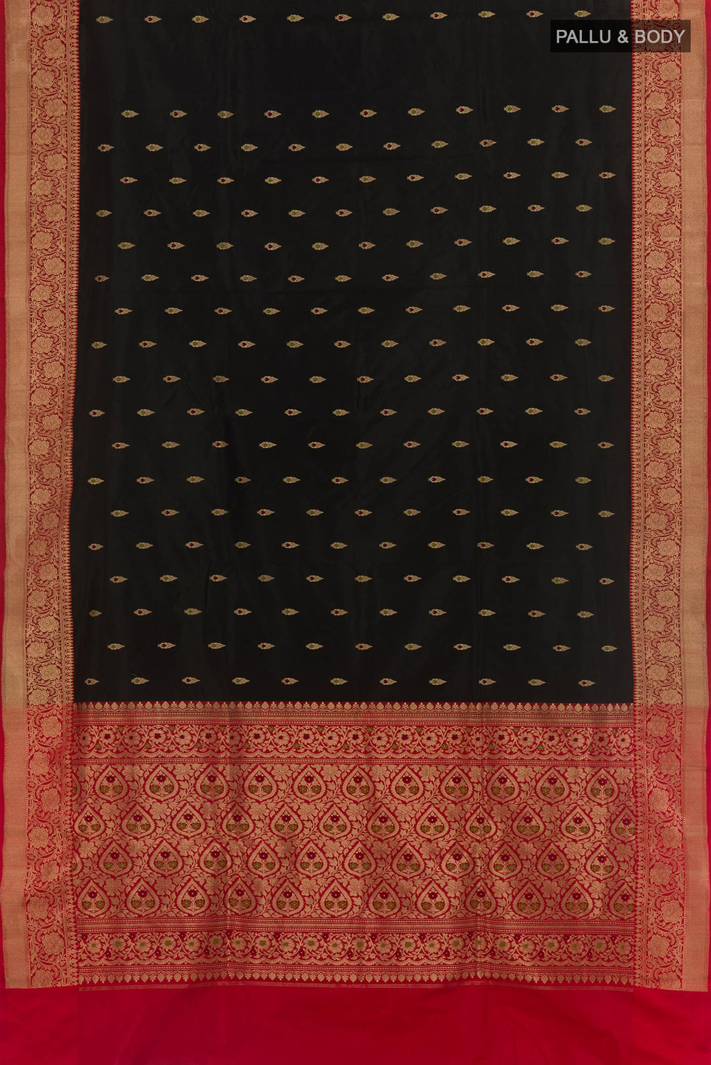 Flat view of Black Banarasi Katan Silk Saree with Zari Butta on the body and Zari Border. 
