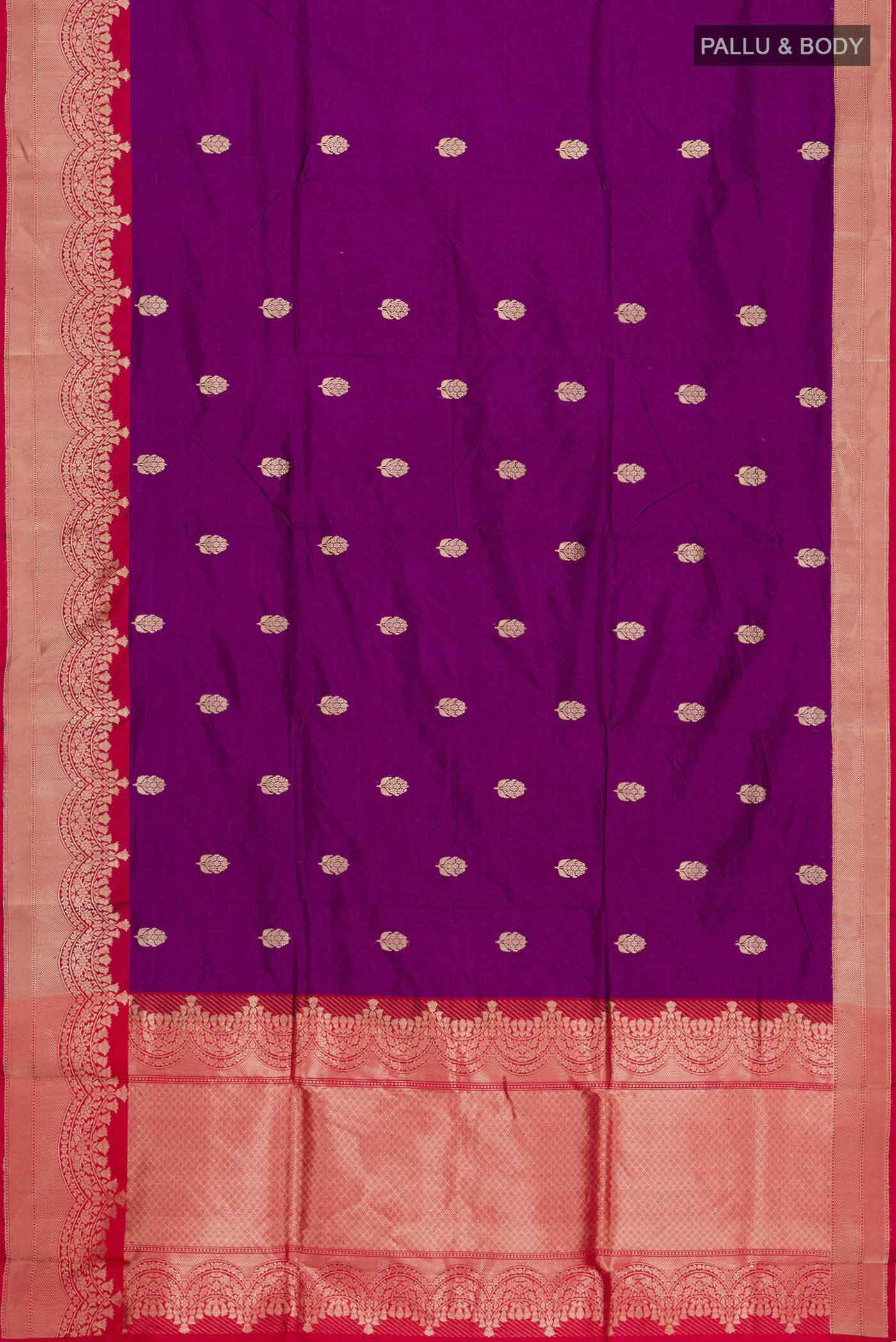 Flat view of Violet Banarasi Katan Silk Saree with Zari Butta on the body and Zari Border