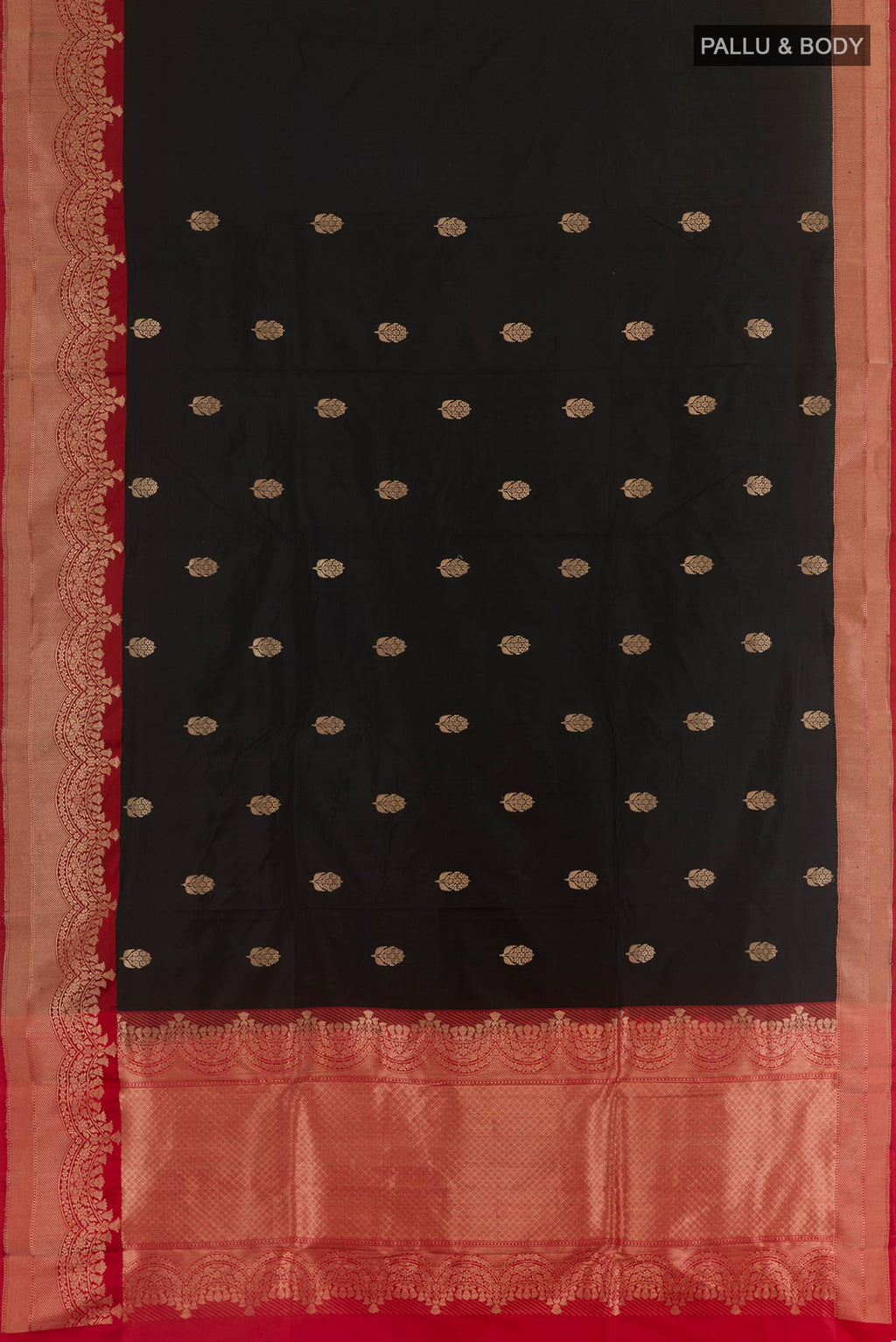 Flat view of Black Banarasi Katan Silk Saree with Zari Butta on the body and Zari Border. 