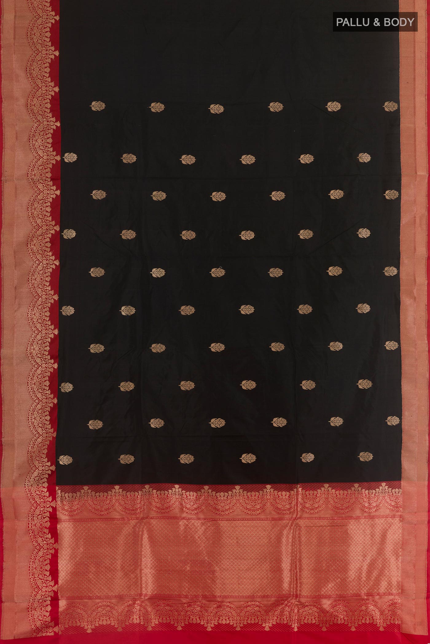 Flat view of Black Banarasi Katan Silk Saree with Zari Butta on the body and Zari Border. 