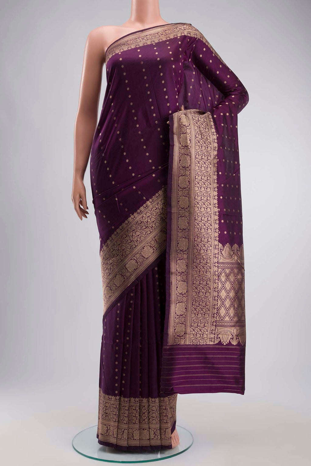 Violet Banarasi Katan Silk Saree with Zari Butta on the body and Zari Border displayed on a mannequin