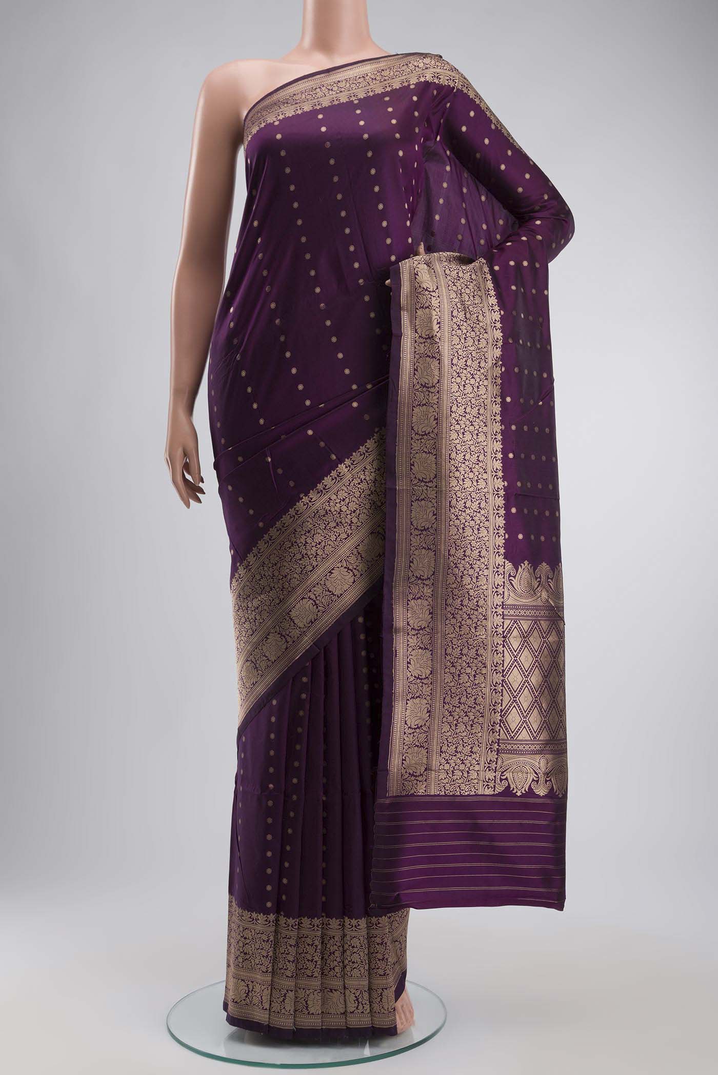 Violet Banarasi Katan Silk Saree with Zari Butta on the body and Zari Border displayed on a mannequin