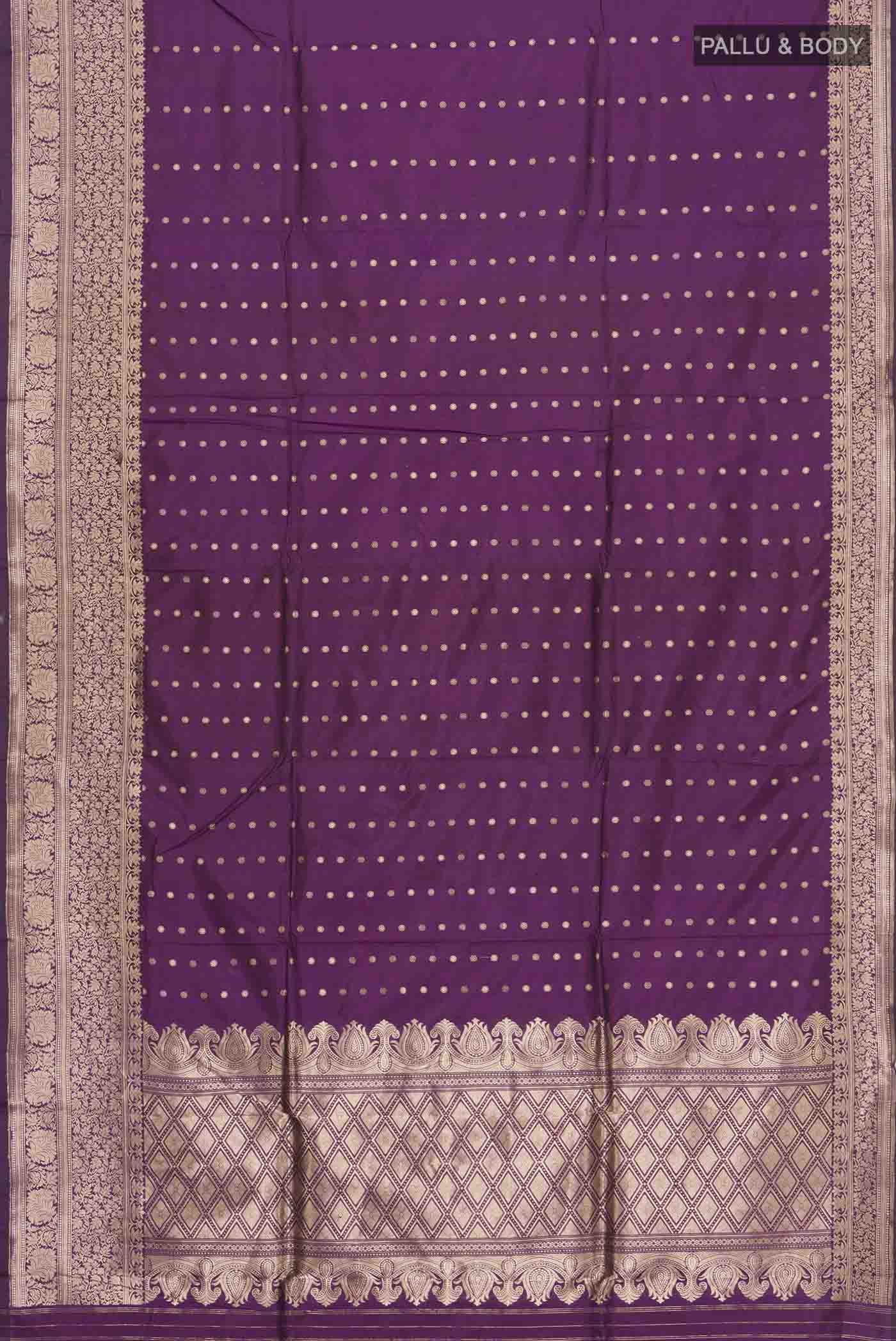 Flat view of Violet Banarasi Katan Silk Saree with Zari Butta on the body and Zari Border