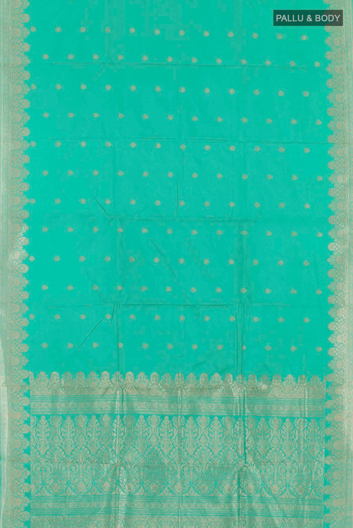 Flat view of Sea Green Banarasi Silk Saree with Zari Butta on the body and Zari Border