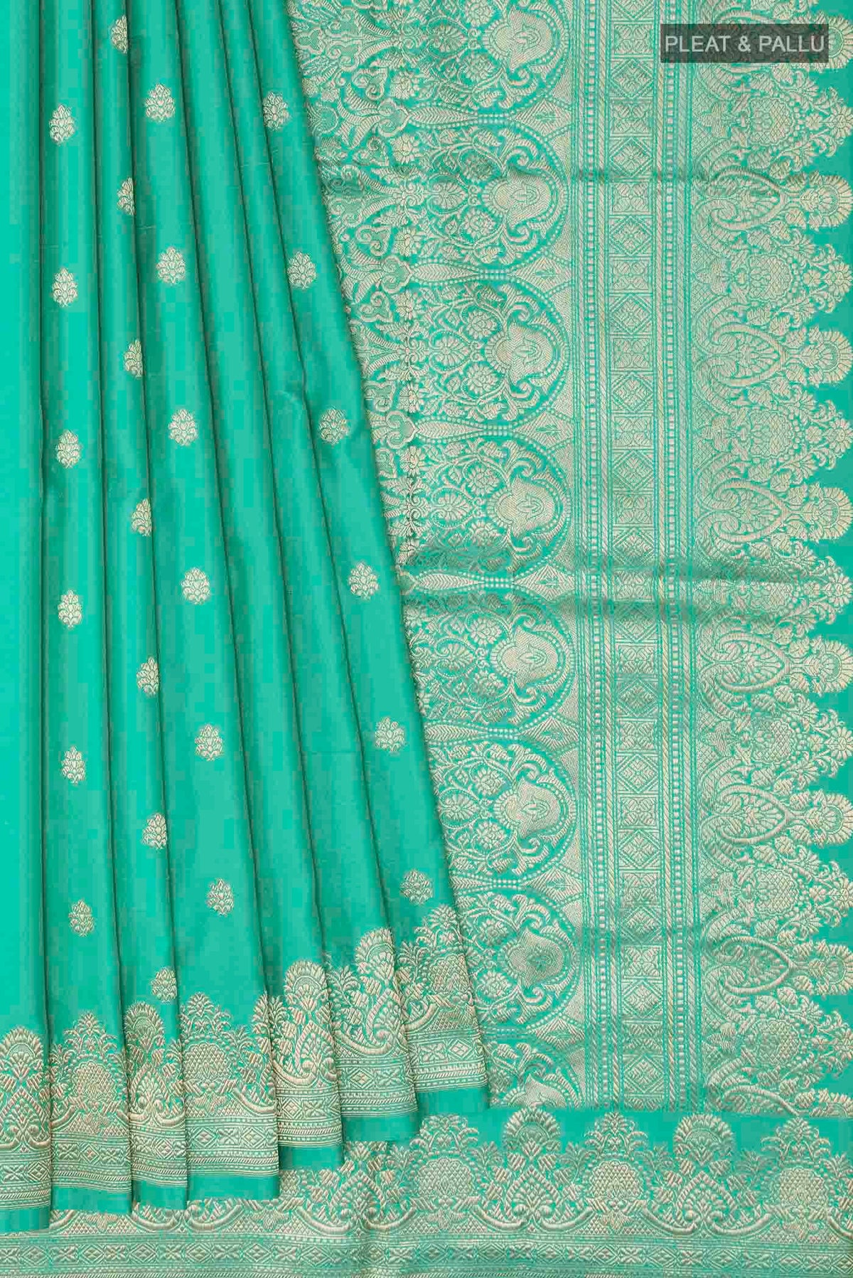 Pleats and pallu of Sea Green Banarasi Silk Saree with Zari Butta on the body and Zari Border