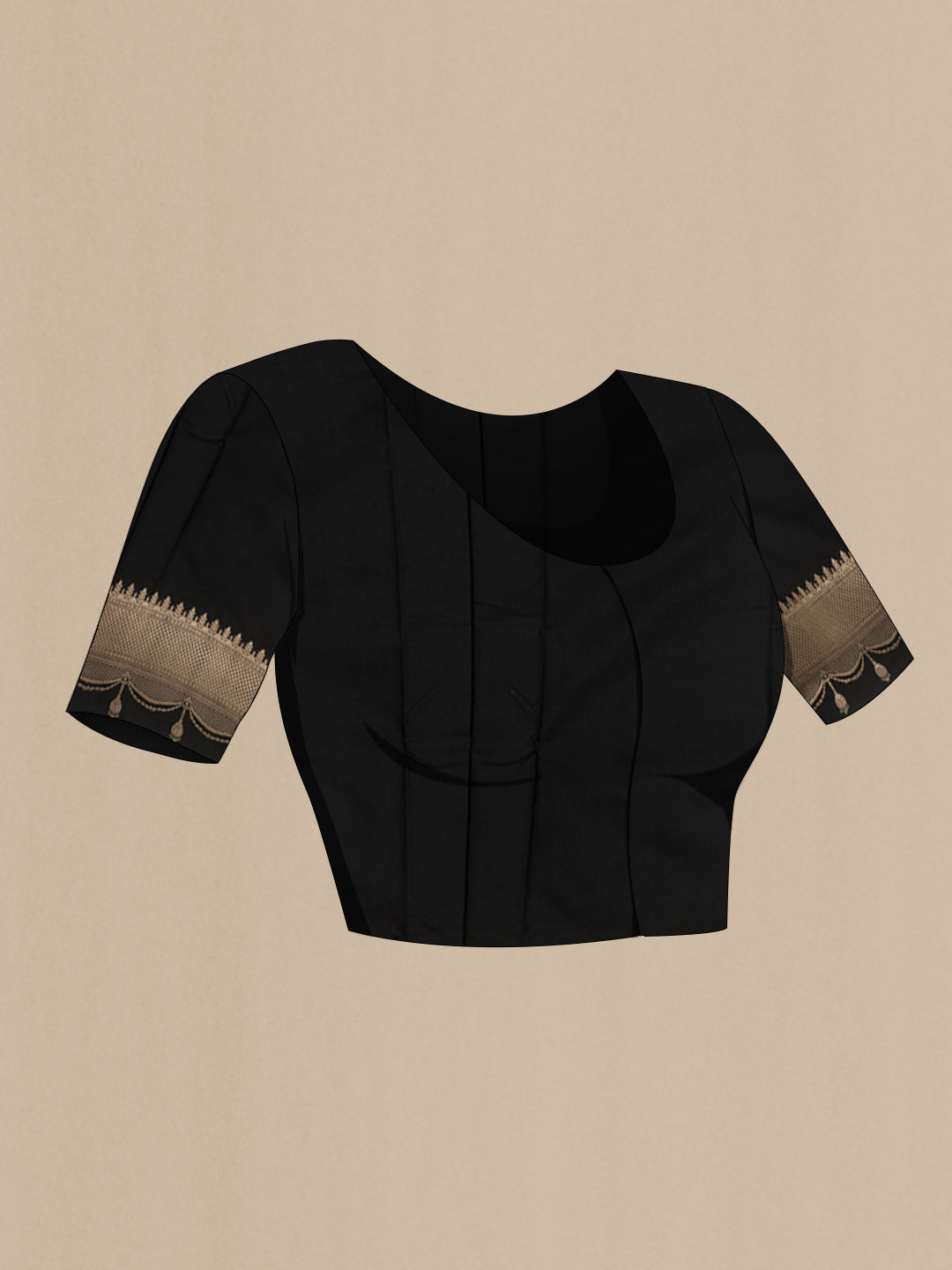 Close up image of the blouse of Black Banarasi Silk Saree with Zari Butta on the body and Zari Border. 