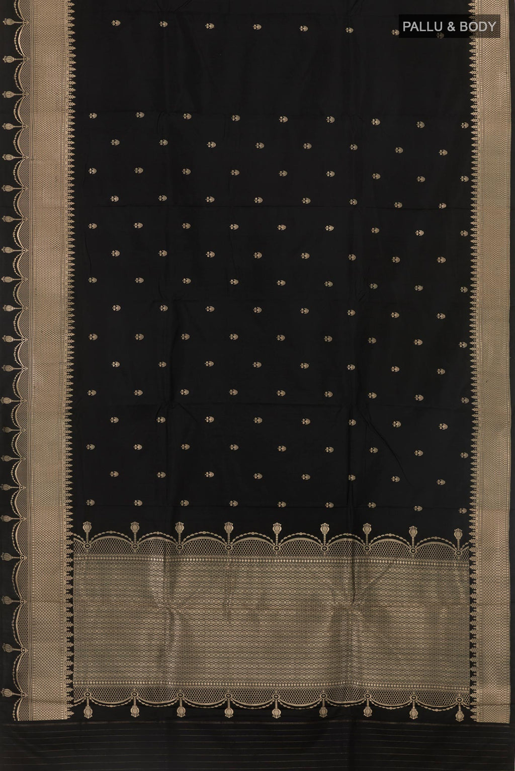Flat view of Black Banarasi Silk Saree with Zari Butta on the body and Zari Border. 