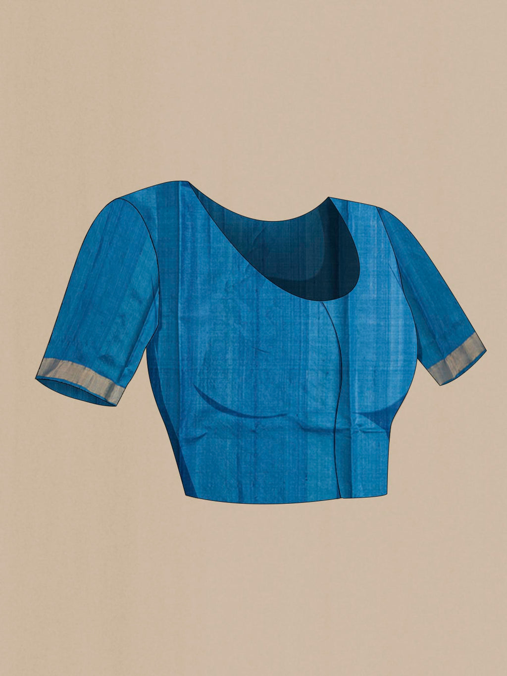 Close up image of the blouse of Blue Bhagalpuri Tussar Silk Saree with Zari Butta on the body and Zari Border