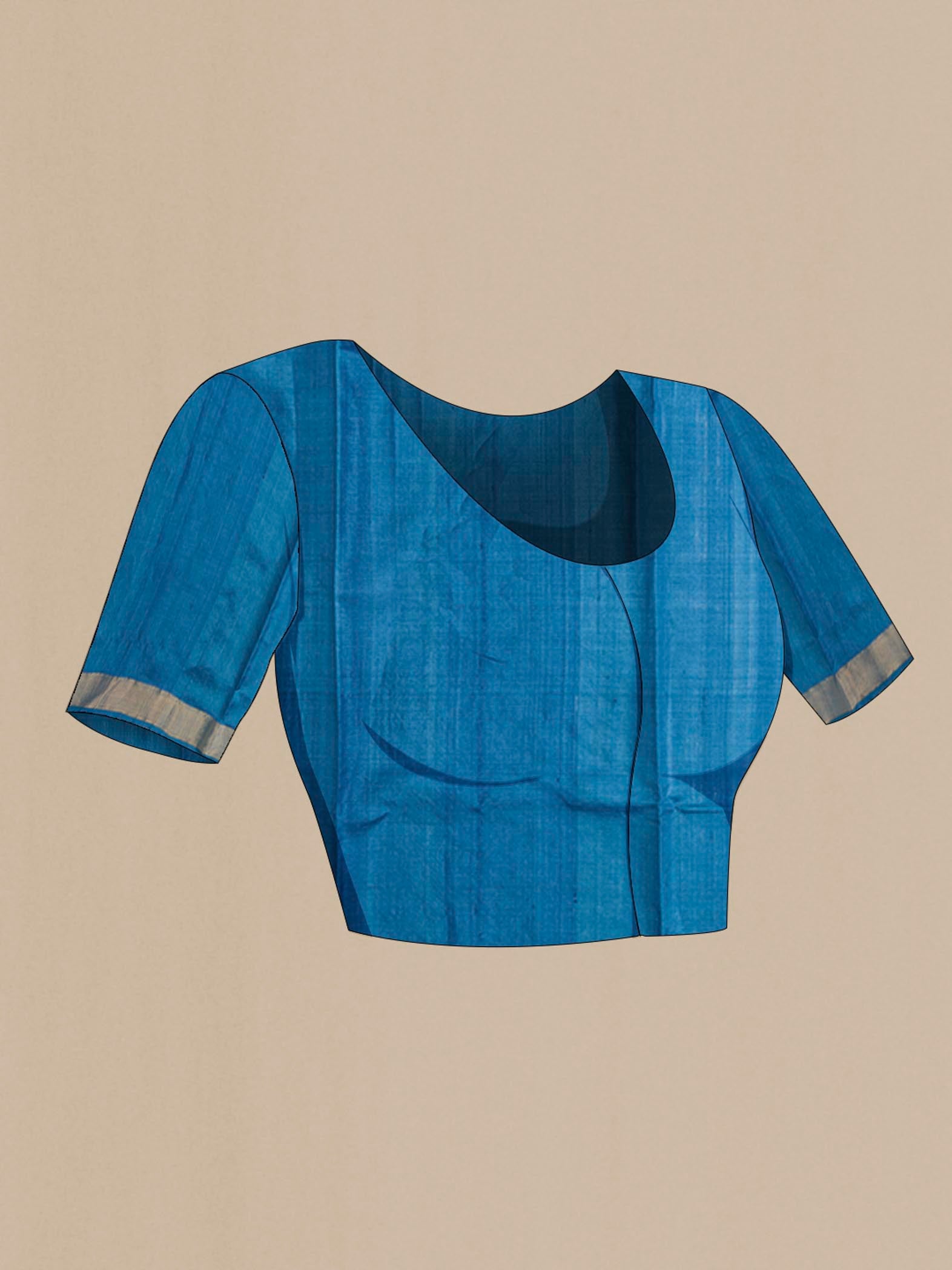 Close up image of the blouse of Blue Bhagalpuri Tussar Silk Saree with Zari Butta on the body and Zari Border