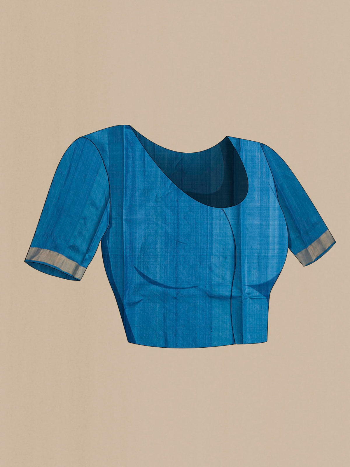 Close up image of the blouse of Blue Bhagalpuri Tussar Silk Saree with Zari Butta on the body and Zari Border