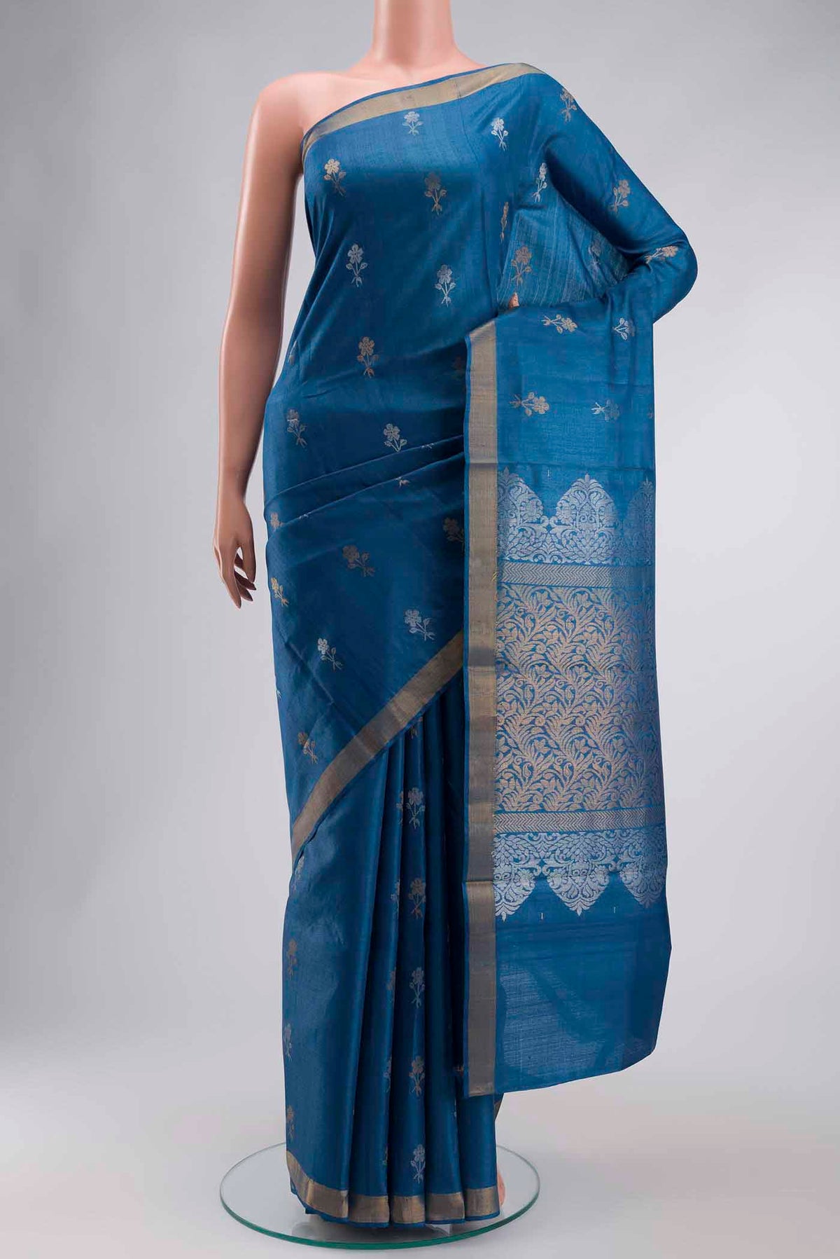 Blue Bhagalpuri Tussar Silk Saree with Zari Butta on the body and Zari Border displayed on a mannequin