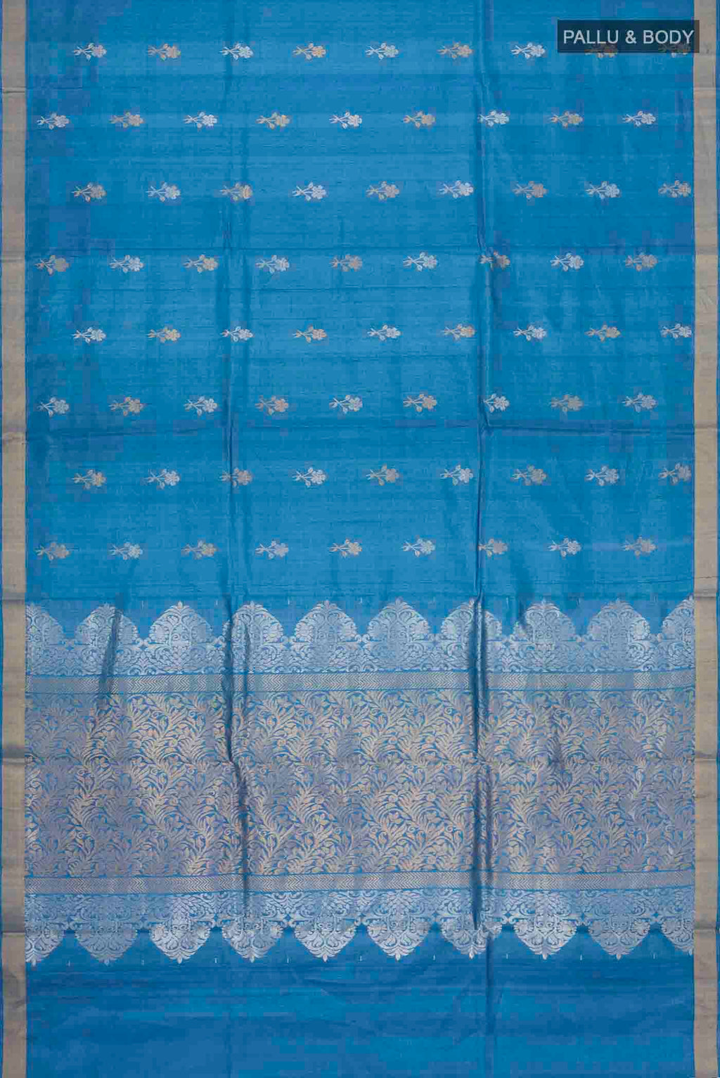 Flat view of Blue Bhagalpuri Tussar Silk Saree with Zari Butta on the body and Zari Border