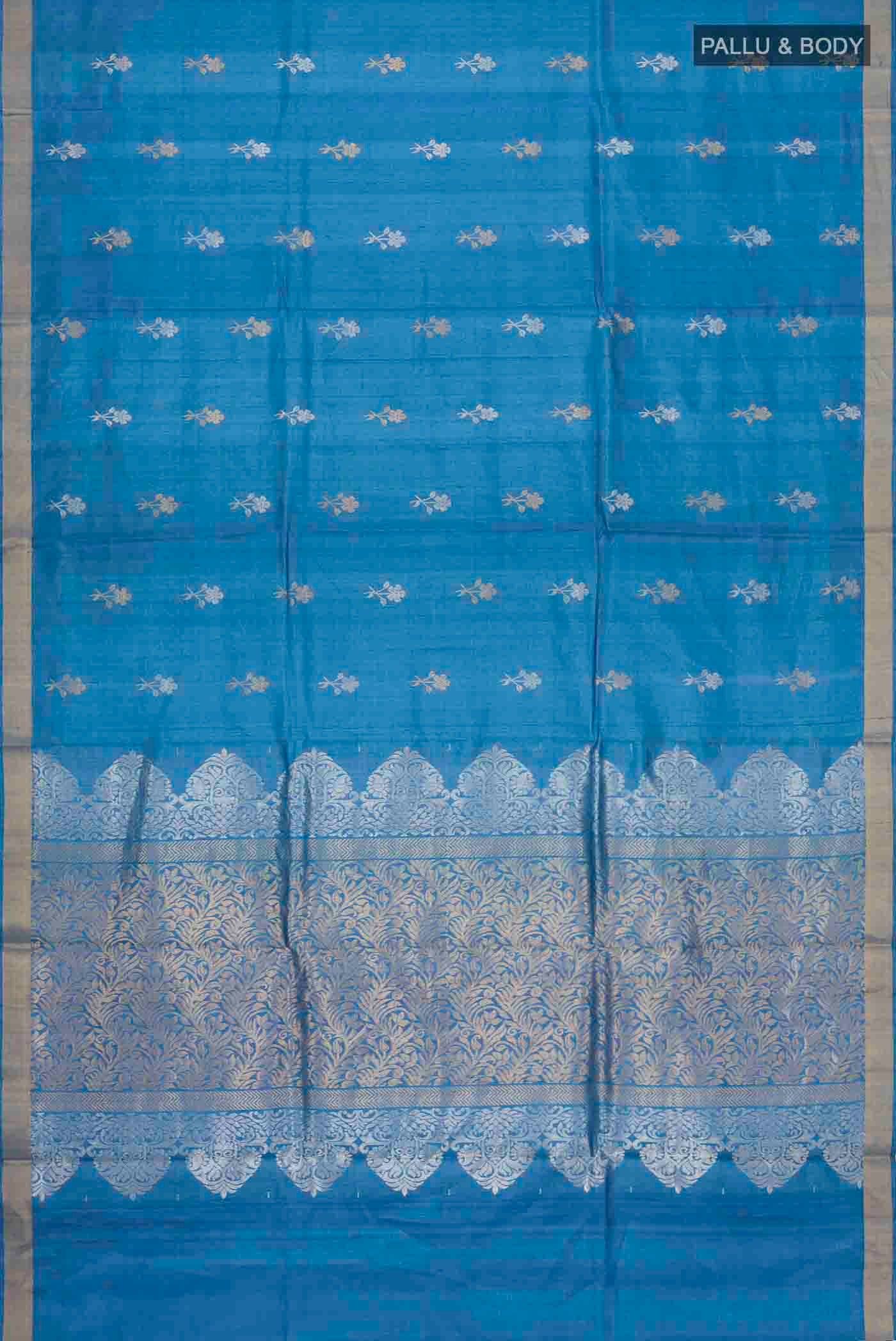 Flat view of Blue Bhagalpuri Tussar Silk Saree with Zari Butta on the body and Zari Border
