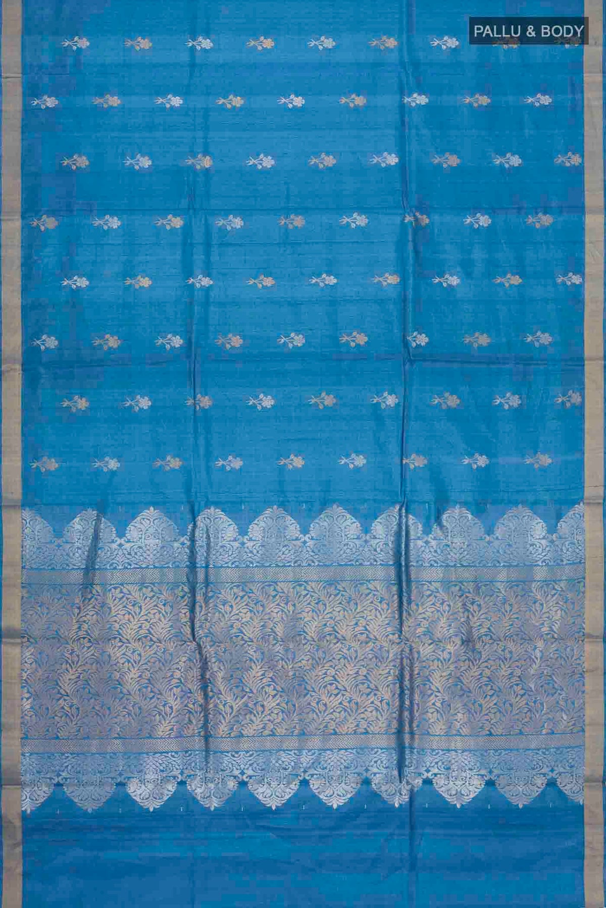 Flat view of Blue Bhagalpuri Tussar Silk Saree with Zari Butta on the body and Zari Border