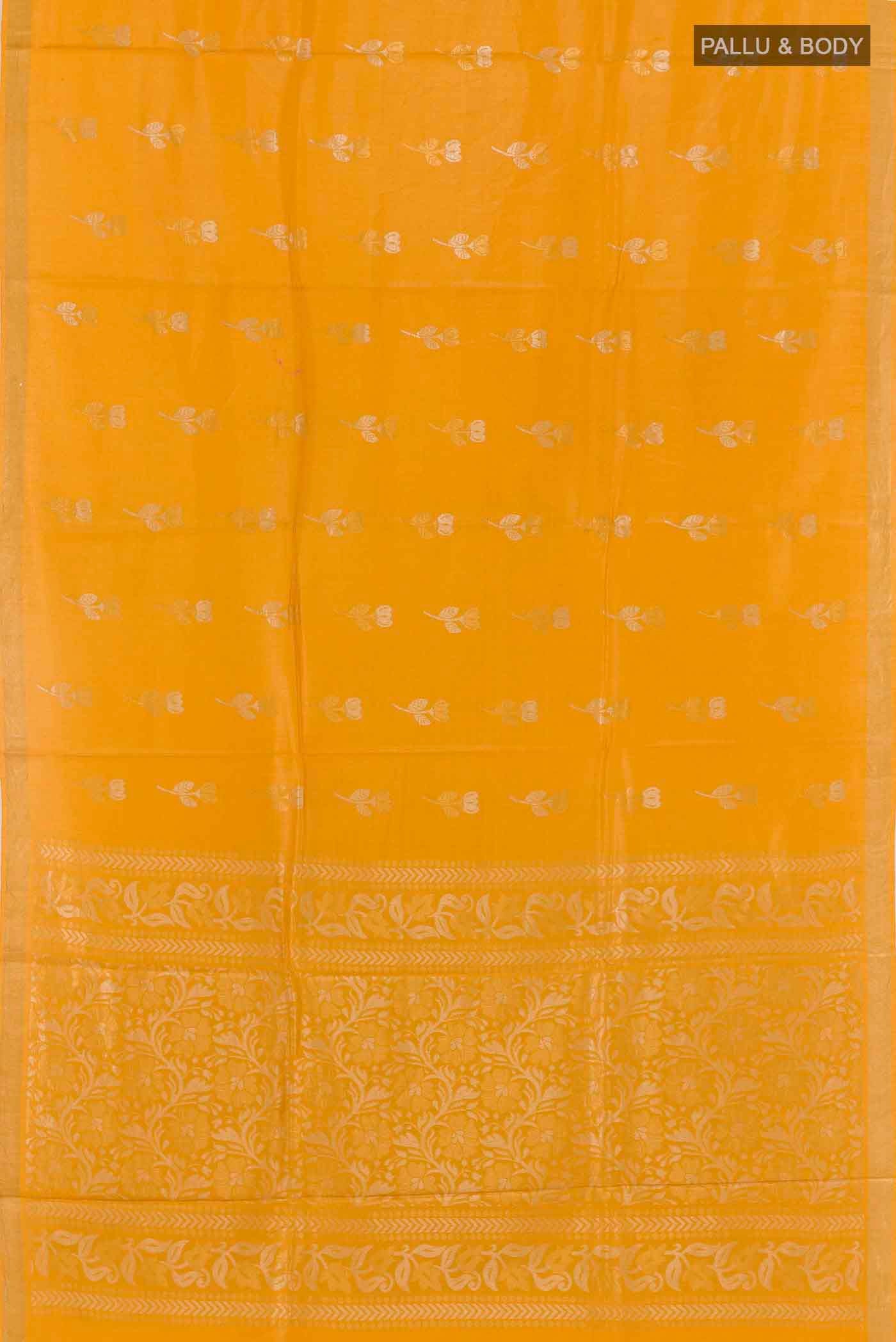 Flat view of Yellow Tussar Saree with Zari Butta on the body and Zari Border