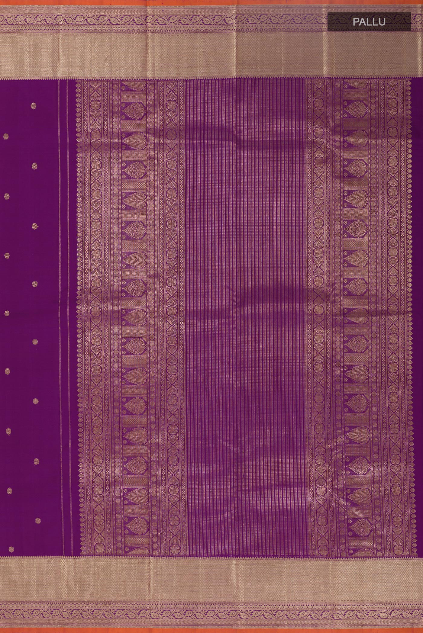 Close up image of the pallu of Purple Kanjivaram Silk Saree with Zari Butta on the body and Zari Border. 