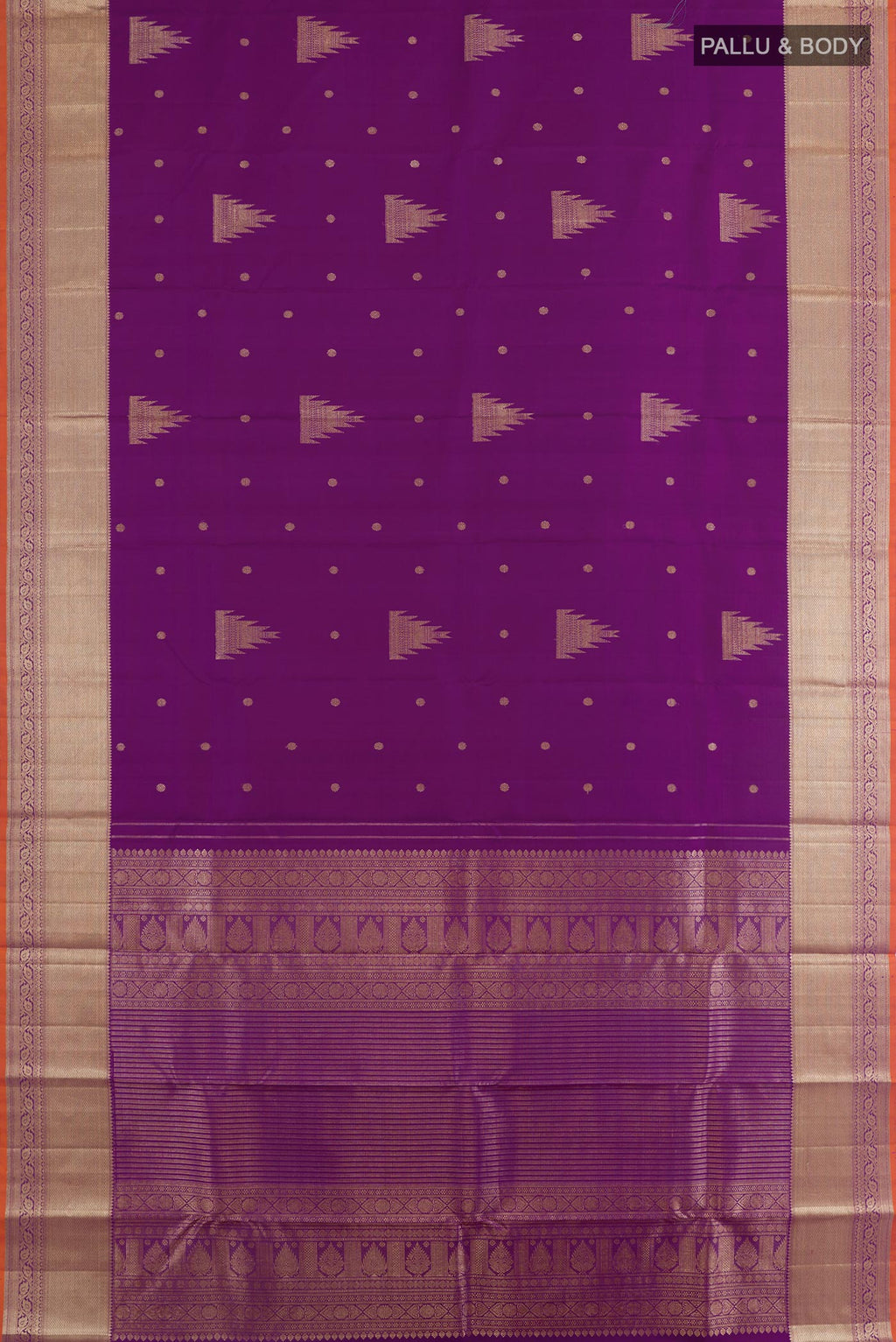 Flat view of Purple Kanjivaram Silk Saree with Zari Butta on the body and Zari Border. 