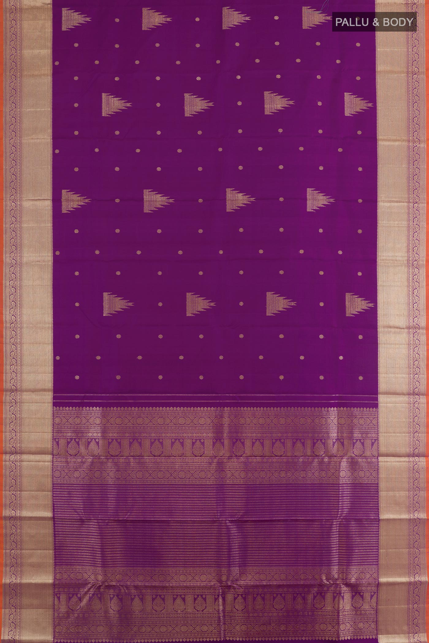 Flat view of Purple Kanjivaram Silk Saree with Zari Butta on the body and Zari Border. 