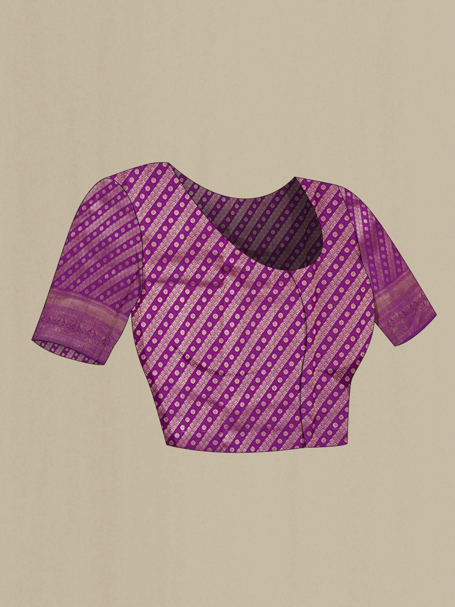 Close up image of the blouse of Purple Kanchipuram Silk Saree with Zari Butta on the body and Zari Border