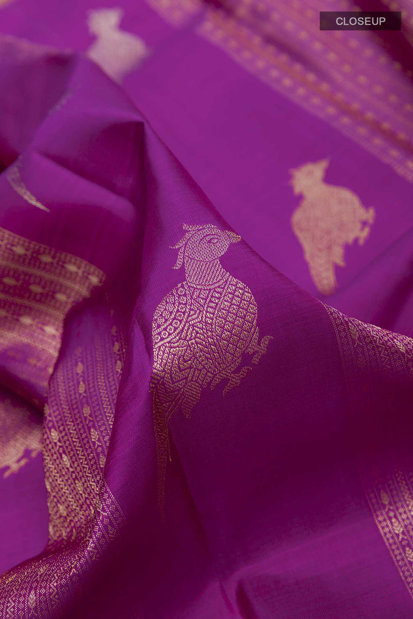 Close up of Purple Kanchipuram Silk Saree with Zari Butta on the body and Zari Border displaying folds