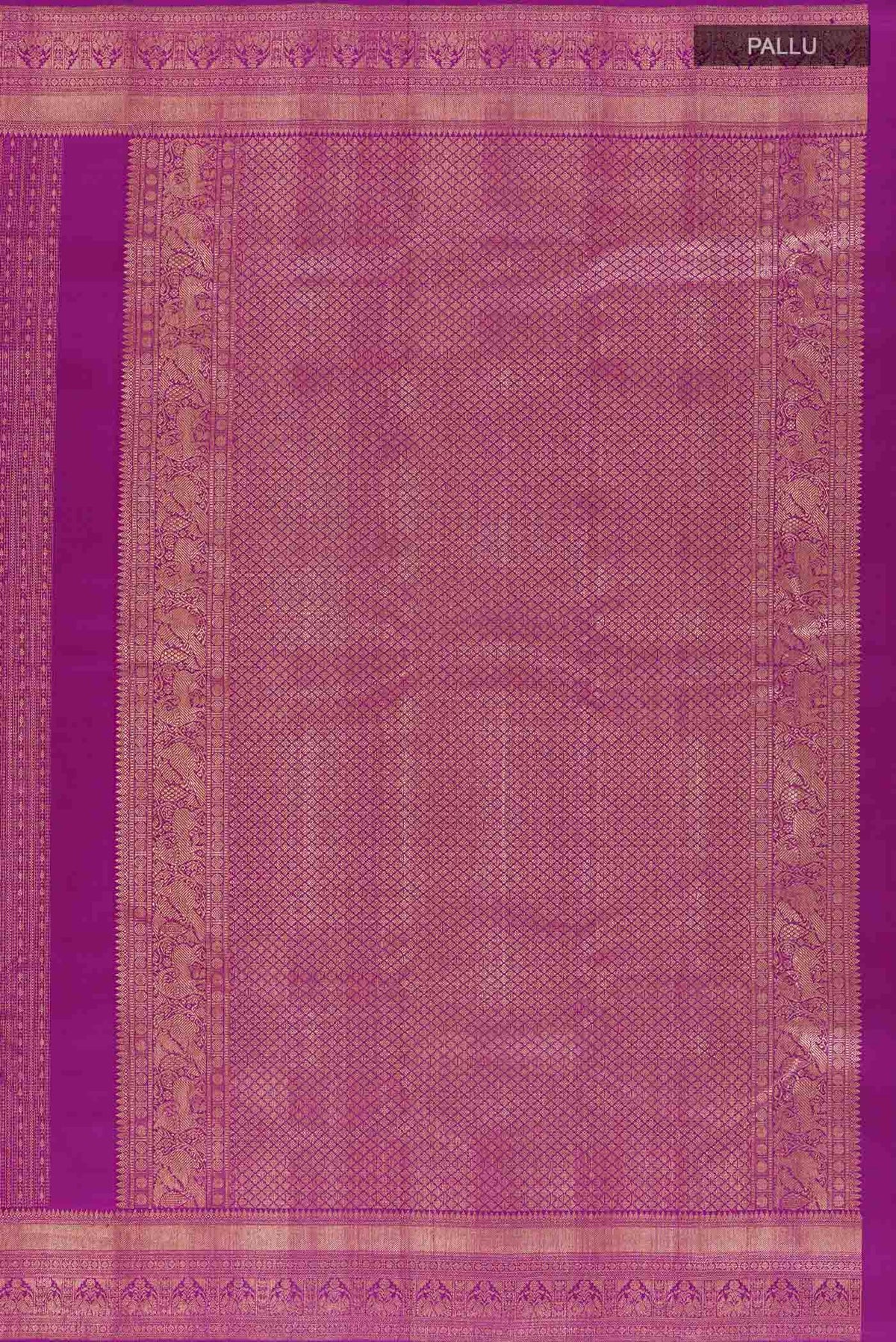 Close up image of the pallu of Purple Kanchipuram Silk Saree with Zari Butta on the body and Zari Border