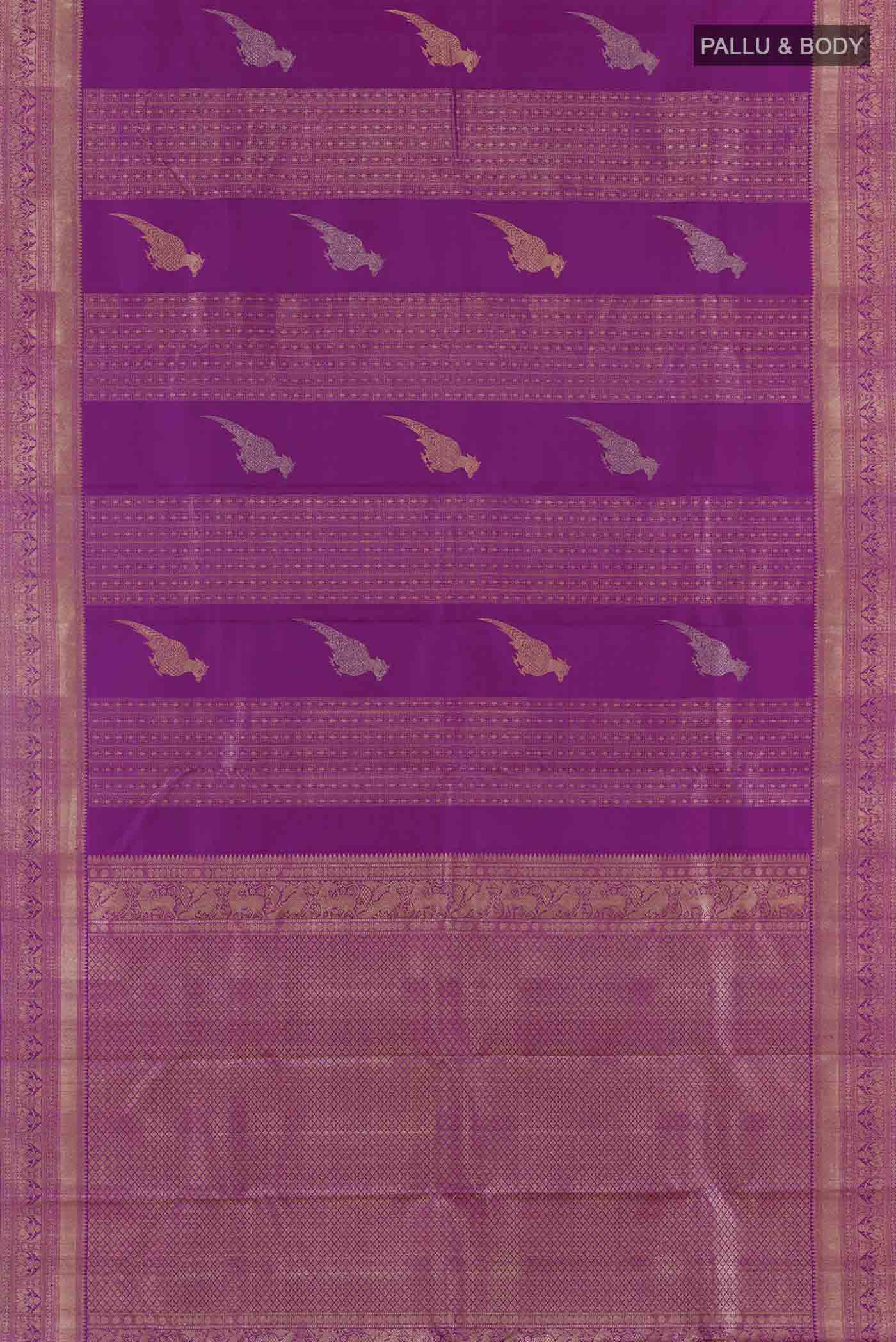 Flat view of Purple Kanchipuram Silk Saree with Zari Butta on the body and Zari Border