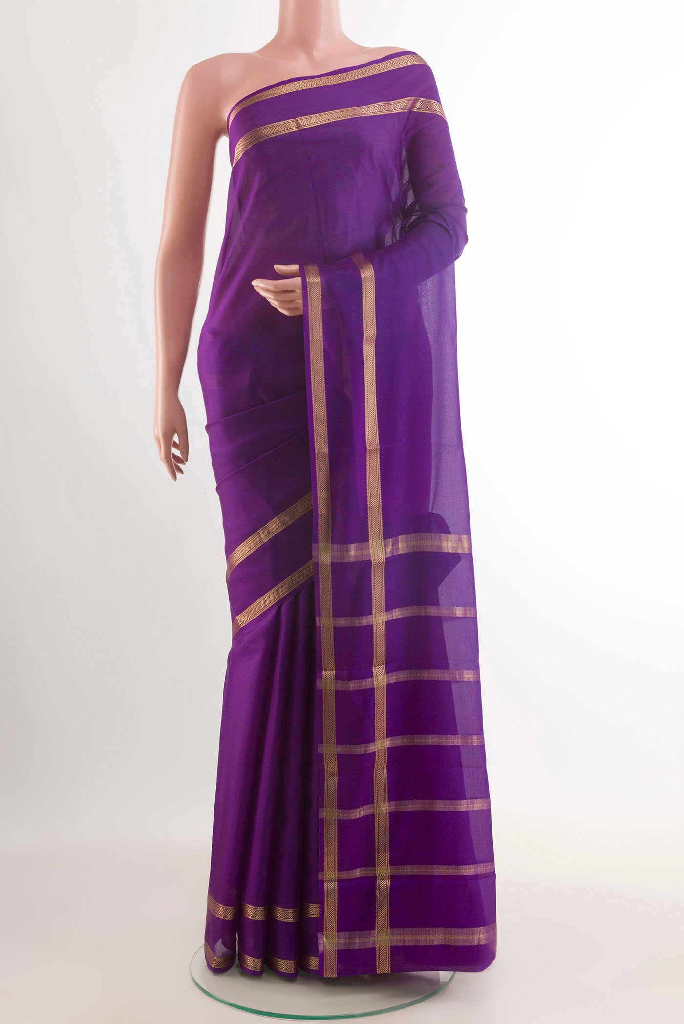 Purple Mysore Crepe Saree with Plain Body and Zari Border displayed on a mannequin