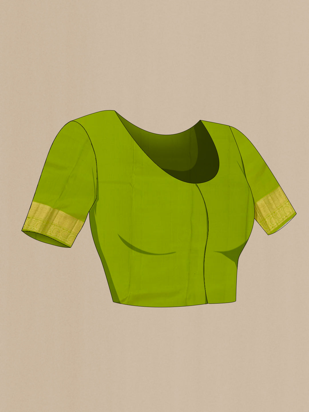 Close up image of the blouse of Green Kanjivaram Silk Saree with Zari Butta on the body and Zari Border. 