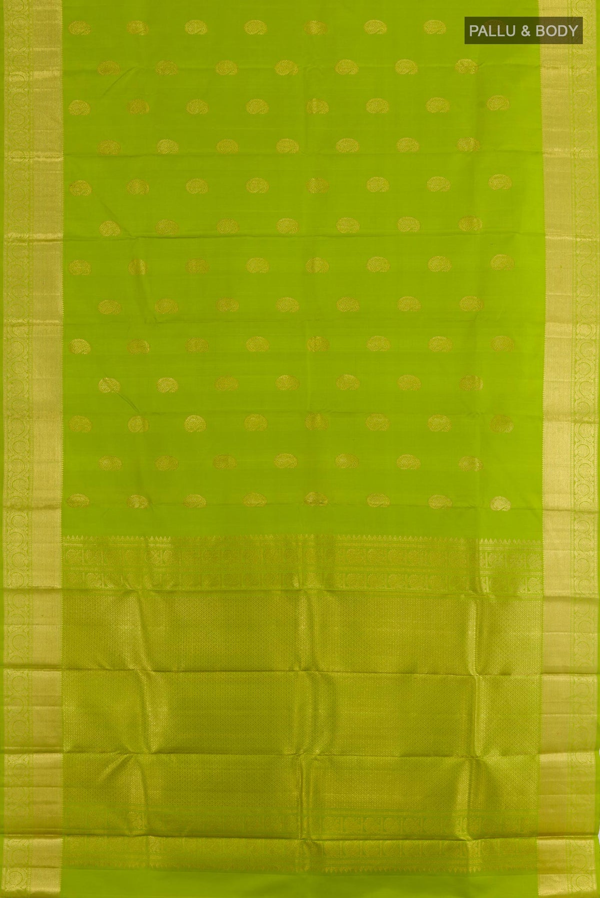 Flat view of Green Kanjivaram Silk Saree with Zari Butta on the body and Zari Border. 